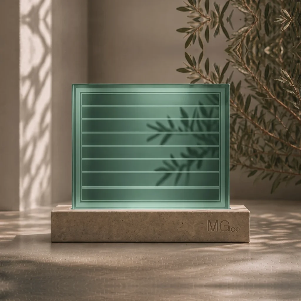 Green satin glass with design sample