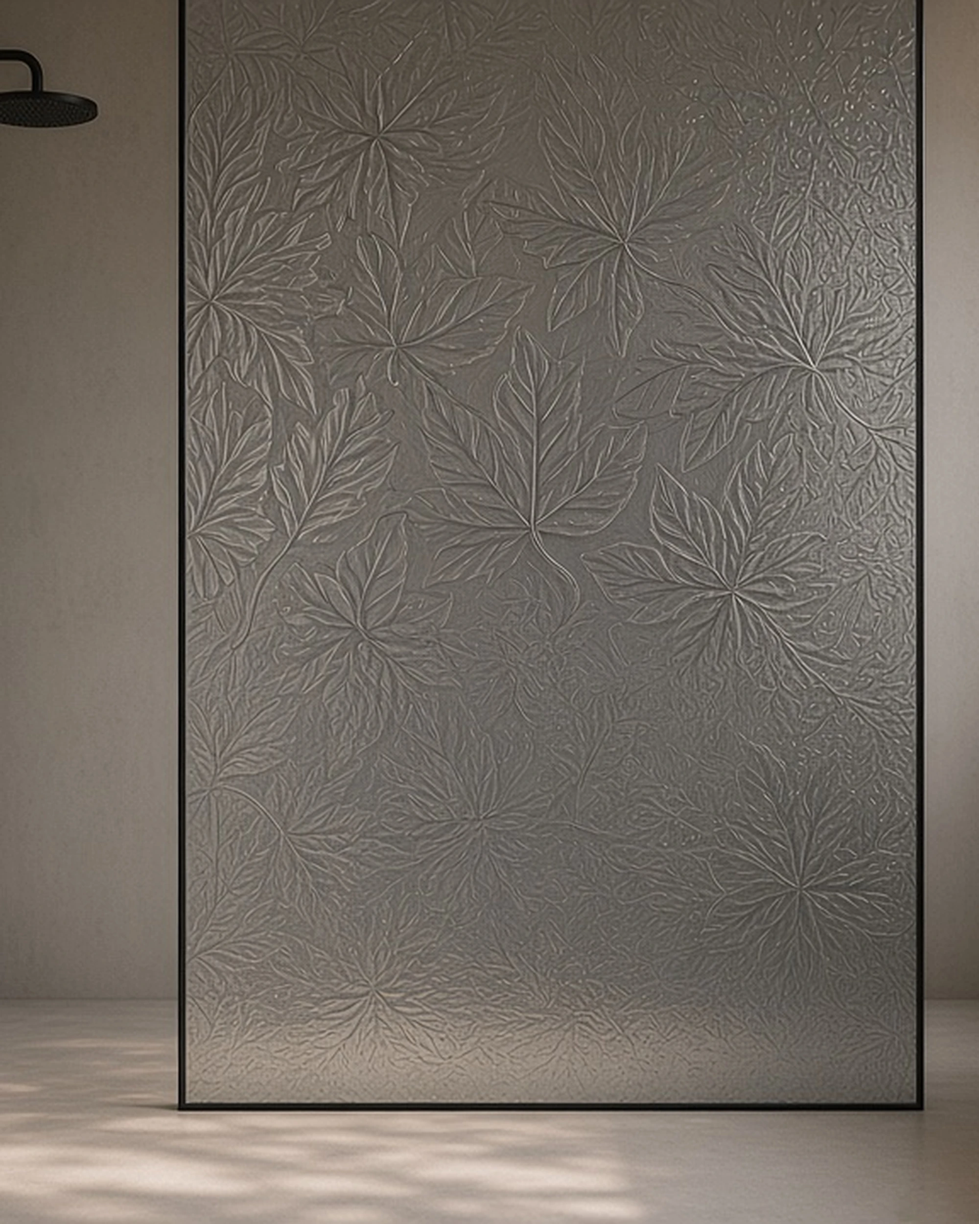 Grey Autumn Leaf patterned glass in a shower screen, illustrative render