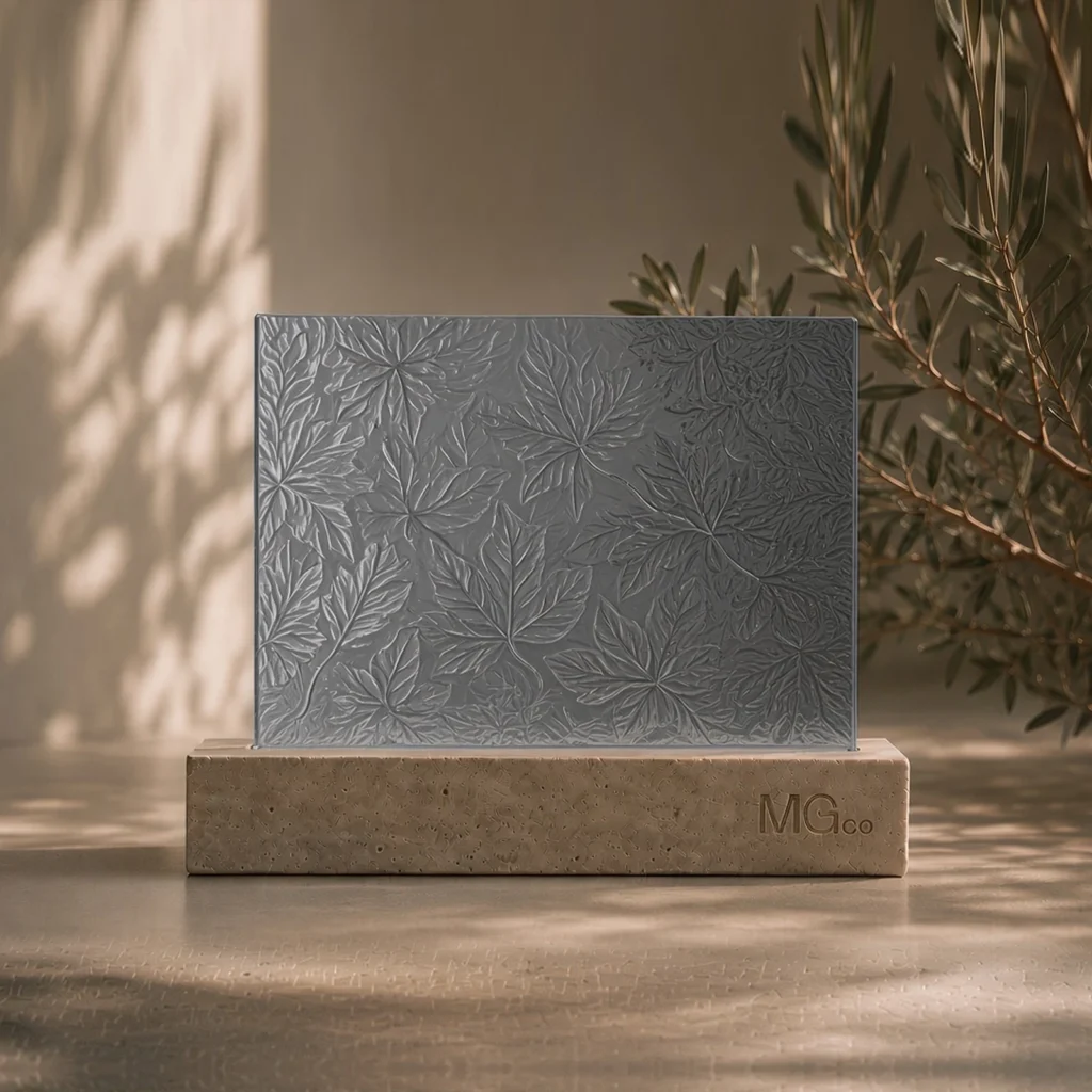 Grey Autumn Leaf patterned glass sample