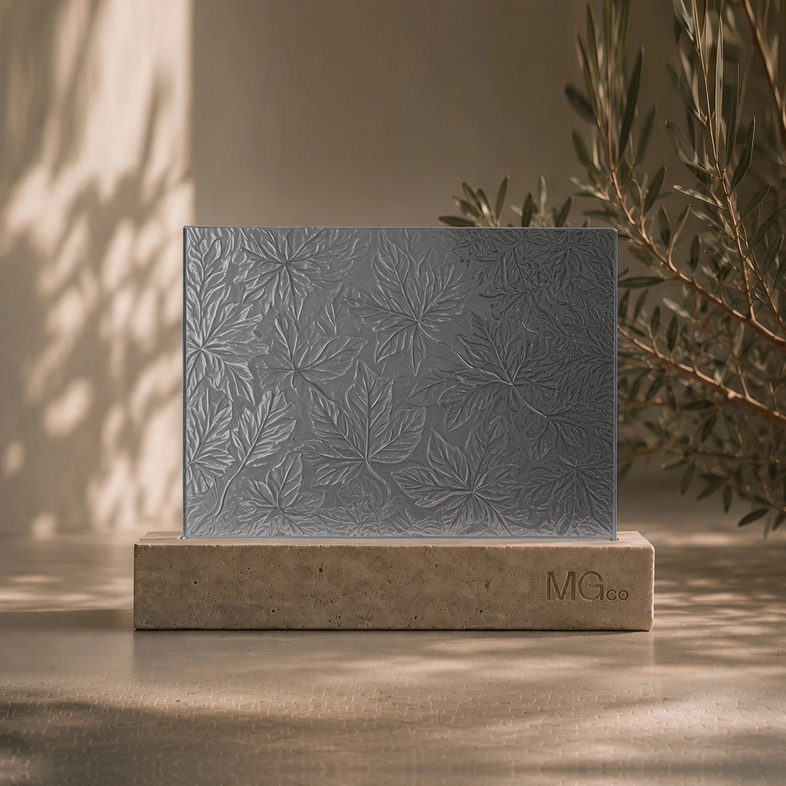 Grey Autumn Leaf patterned glass sample
