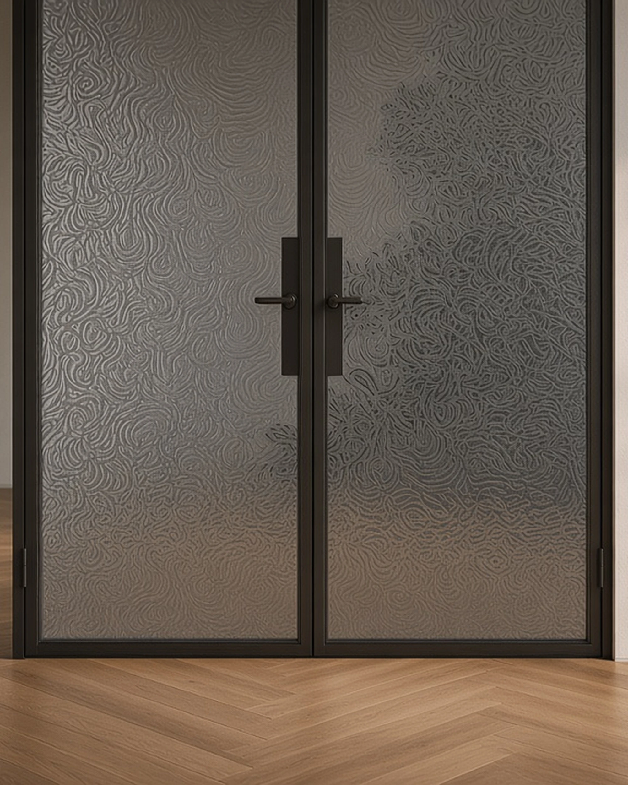 Grey Chantilly patterned glass in double internal doors, illustrative render