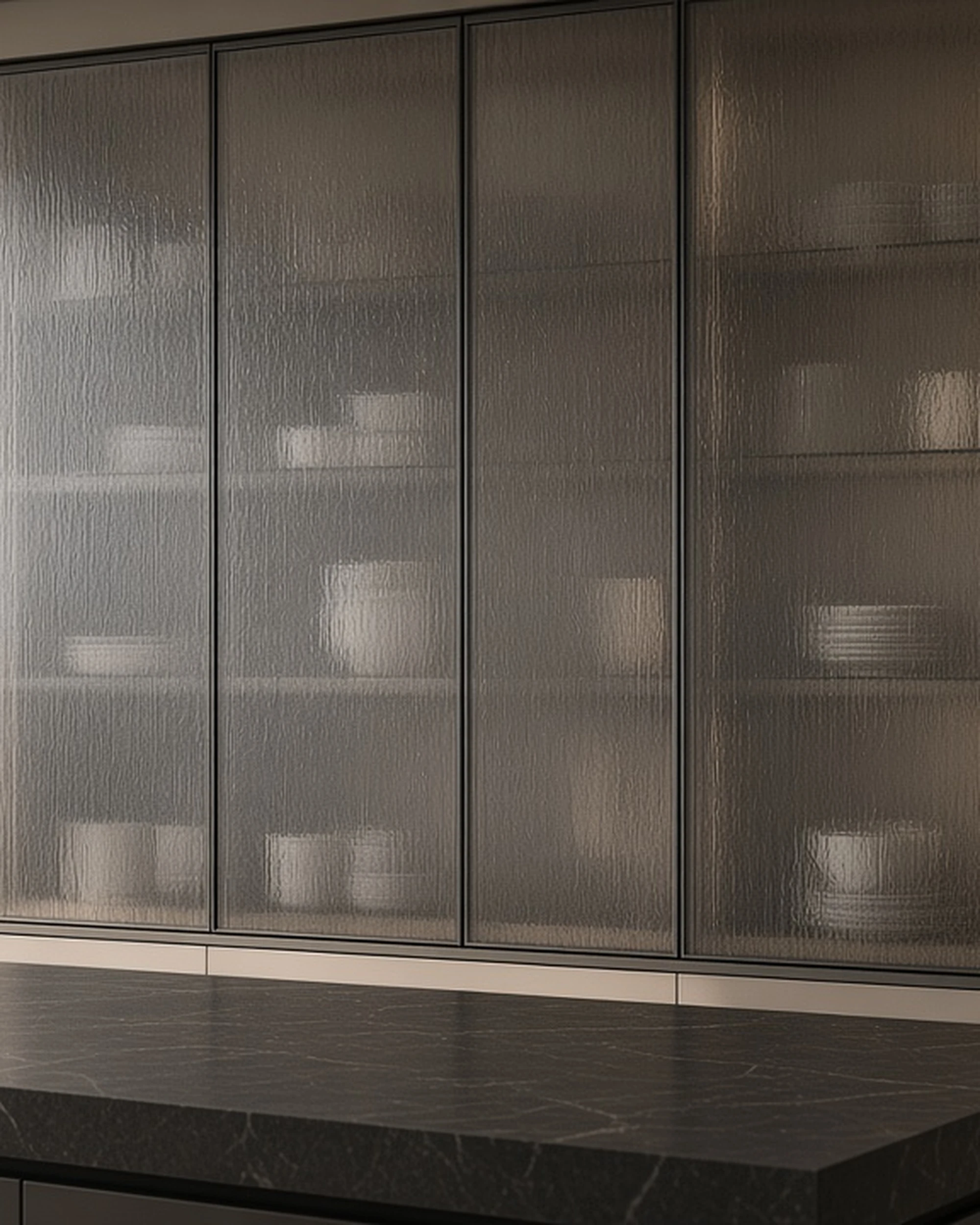 Grey Charcoal Sticks patterned glass in kitchen cabinet doors, illustrative render