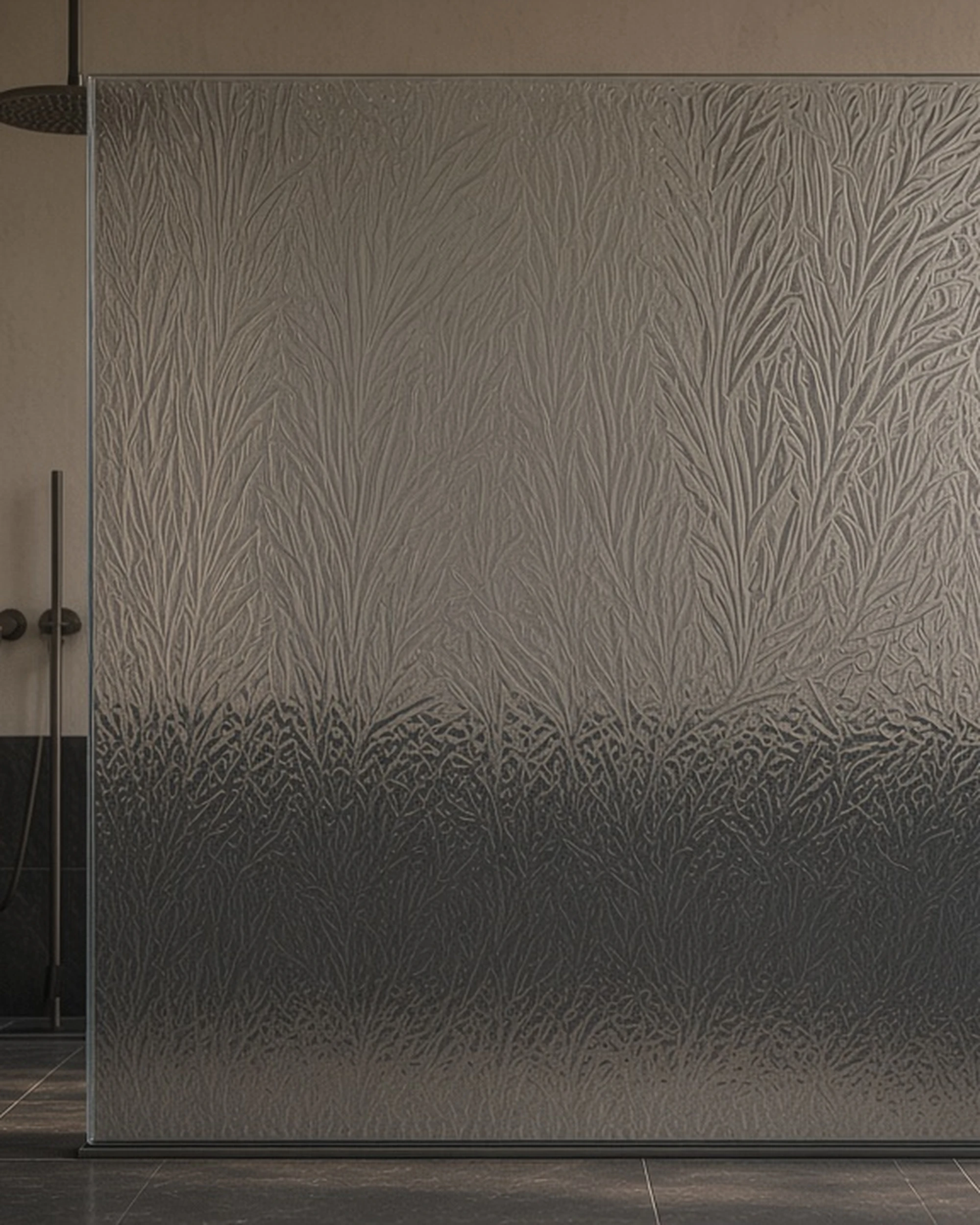 Grey Everglade patterned glass in a shower screen, illustrative render
