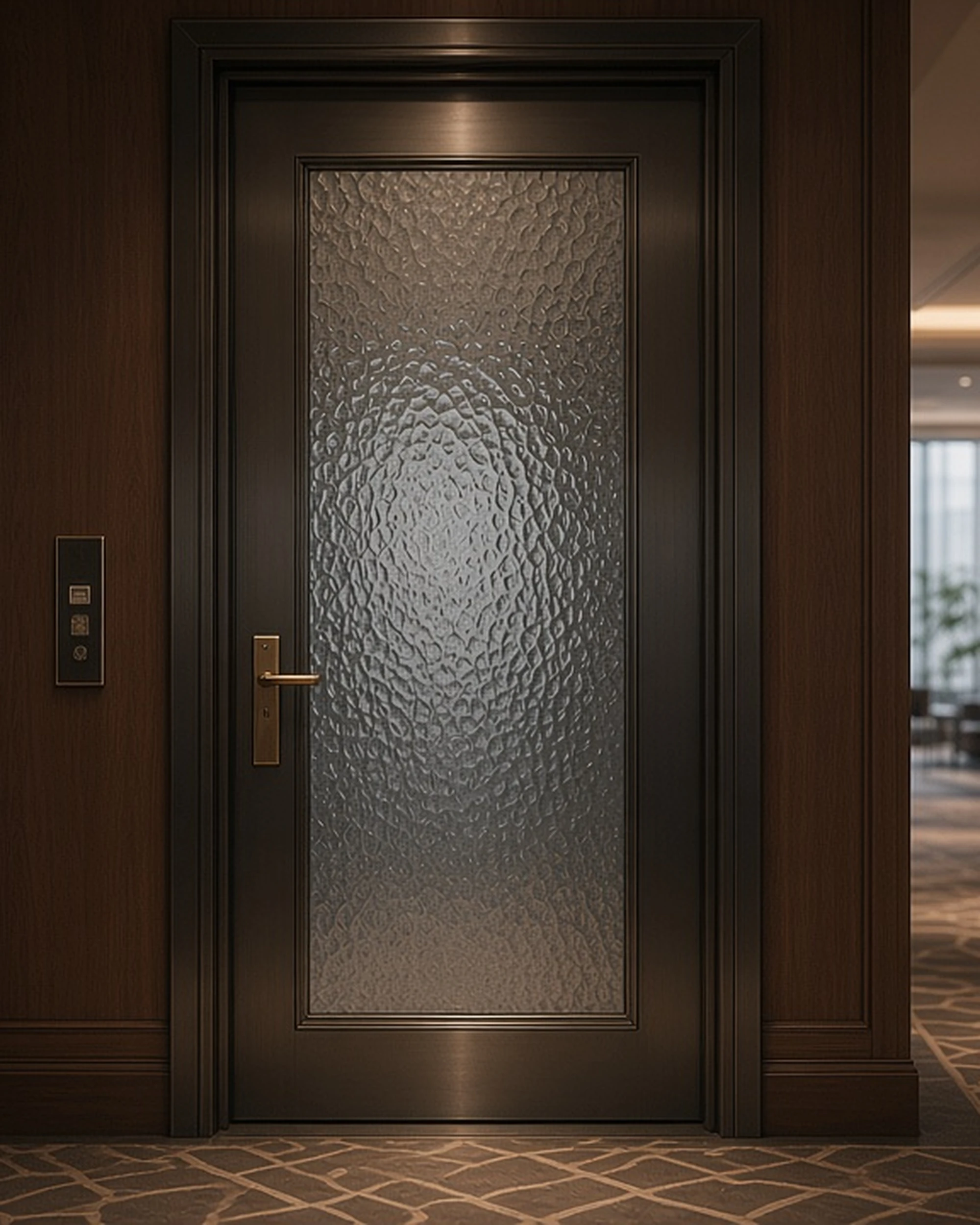 Grey Minster patterned glass in a hotel corridor door, illustrative render