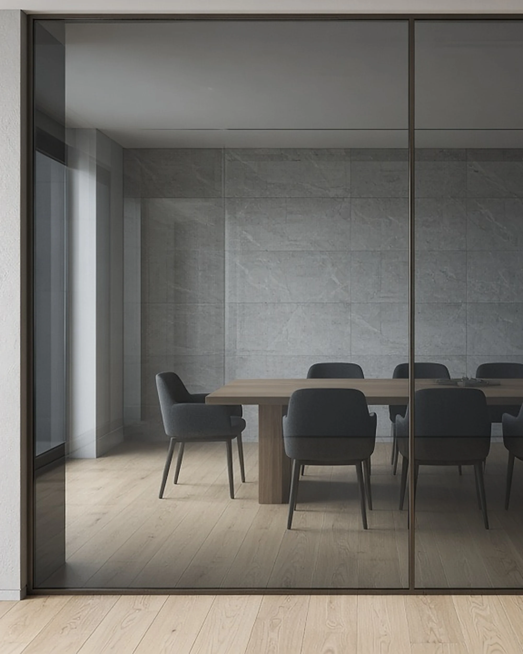 Grey tint glass partition in an office, illustrative render