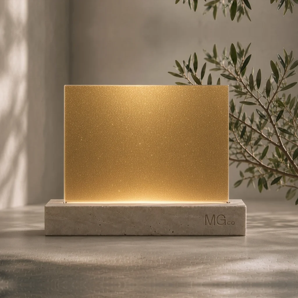 Low-iron gold glitter back-painted glass sample