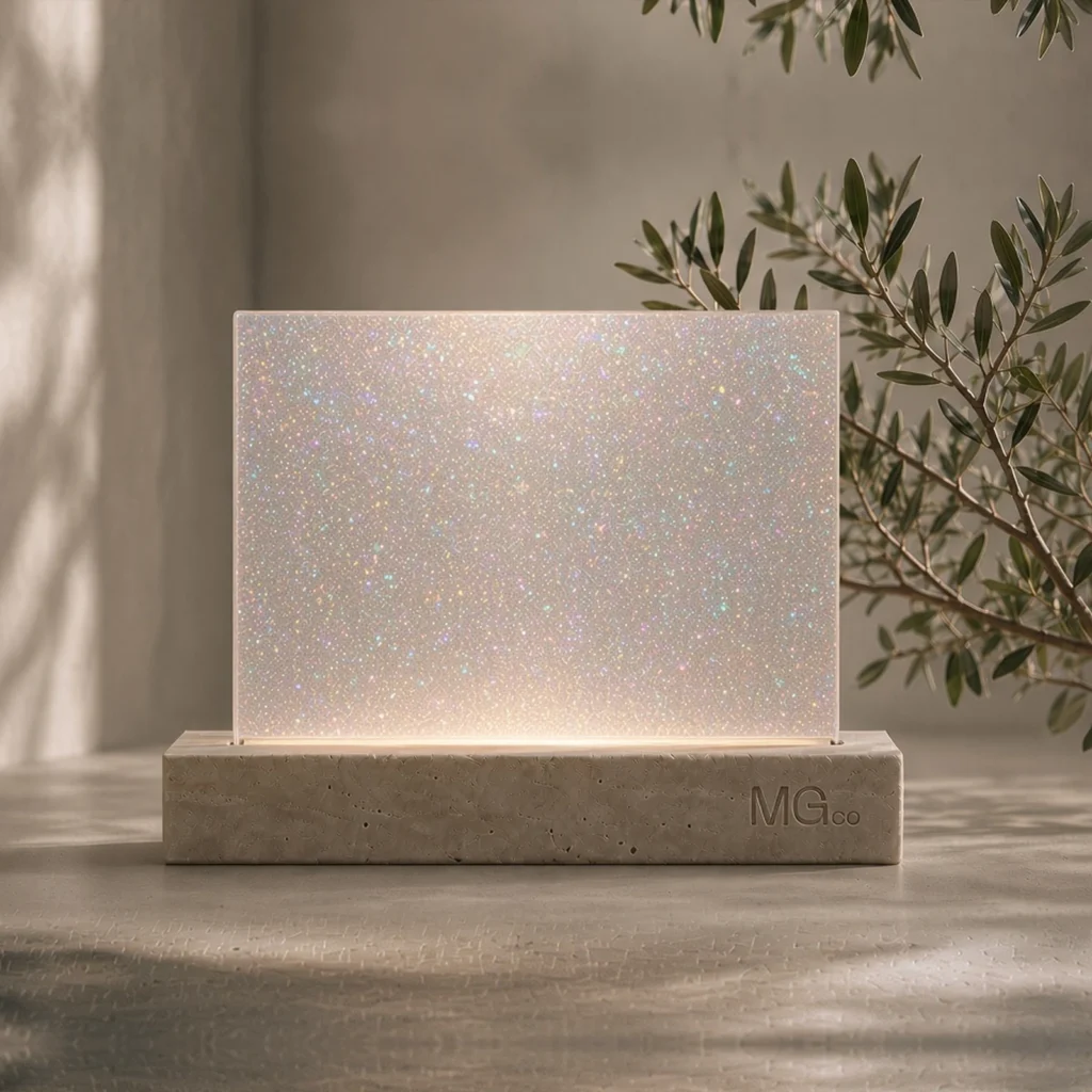 Low-iron rainbow glitter back-painted glass sample