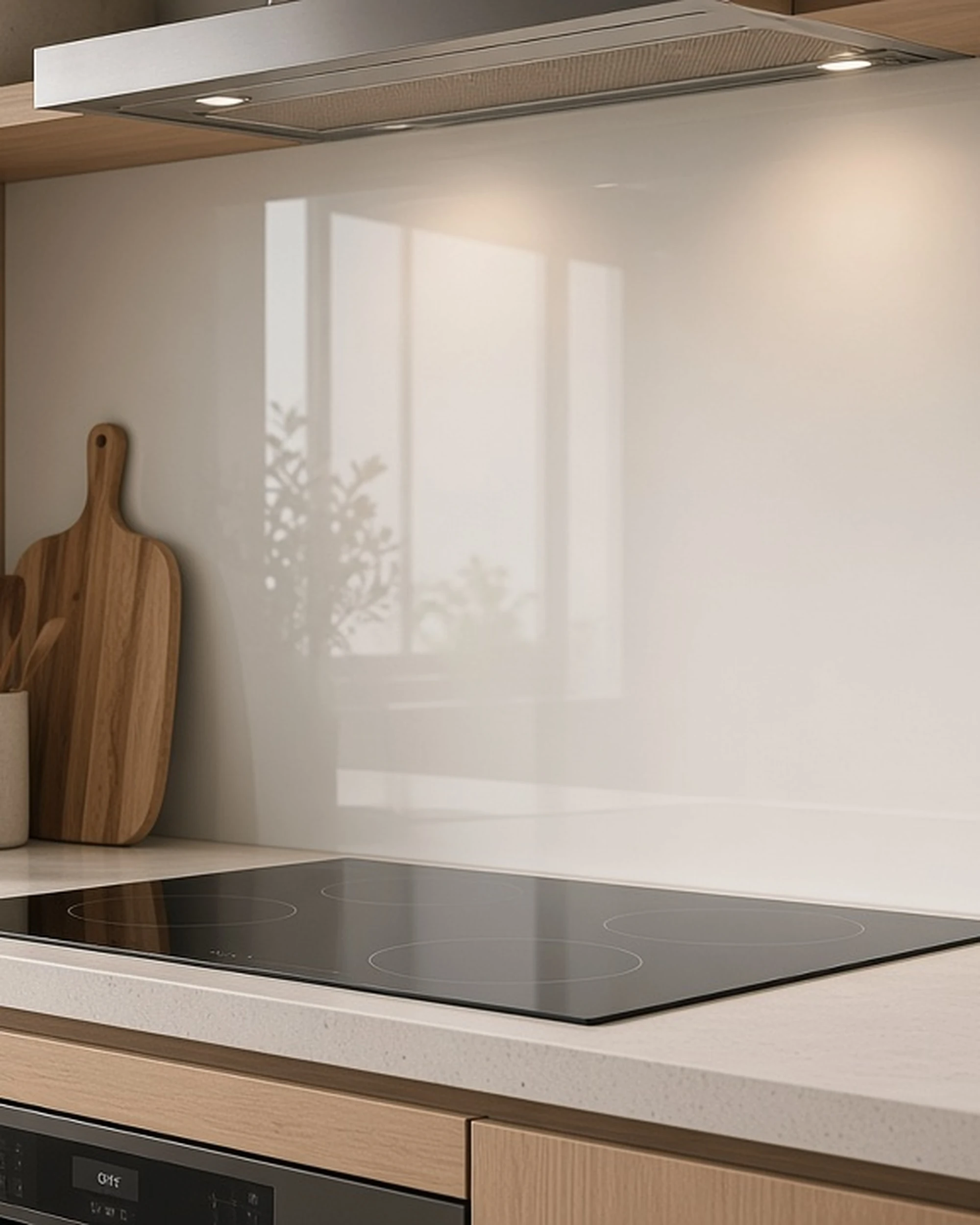 Low-iron back-painted glass kitchen splashback, illustrative render