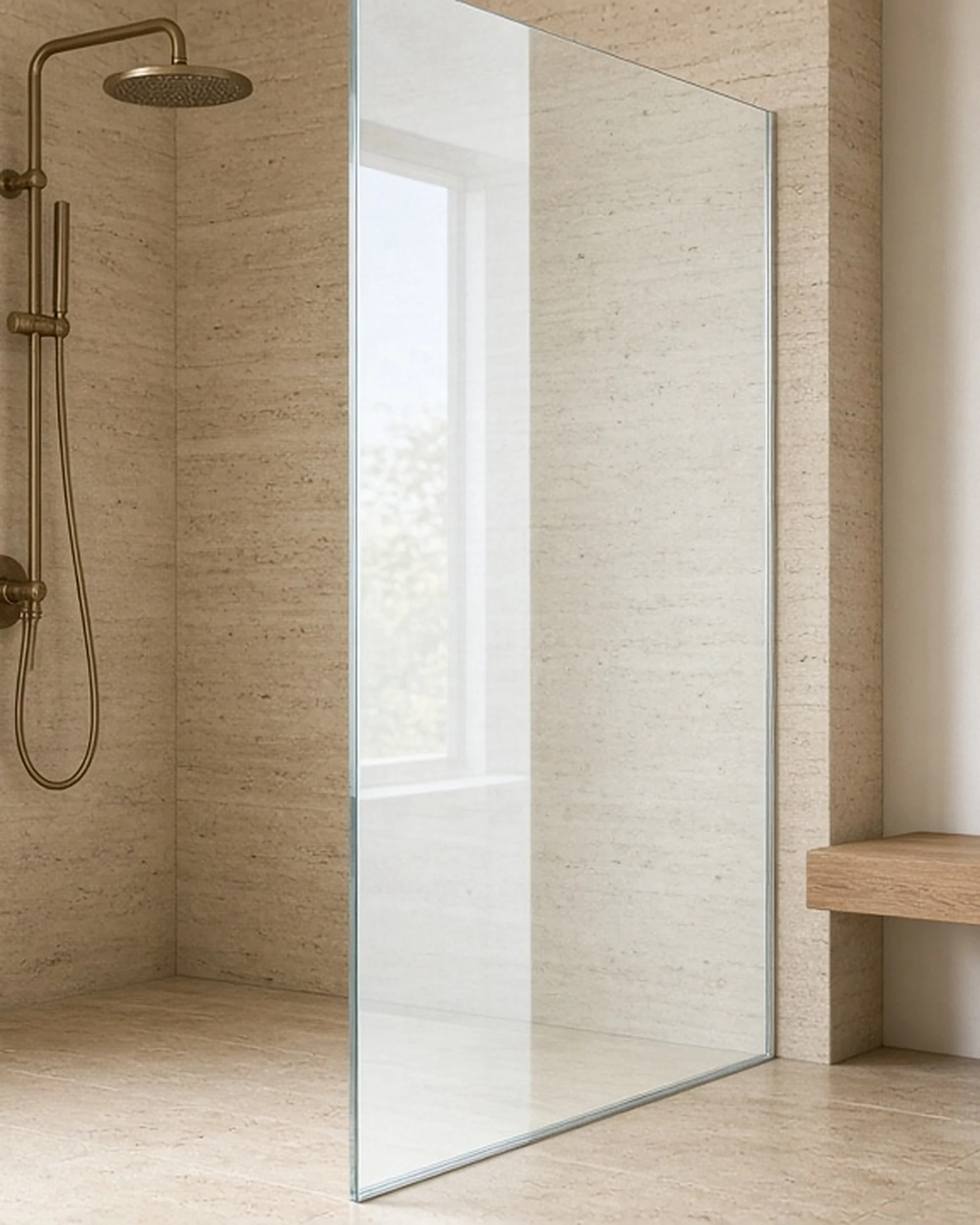 Low-iron extra-clear glass frameless shower screen in a bathroom, illustrative render