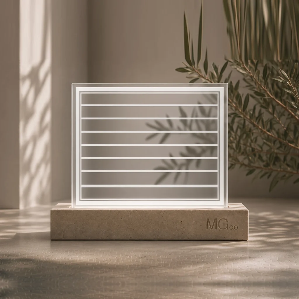 Low-iron satin glass with design sample