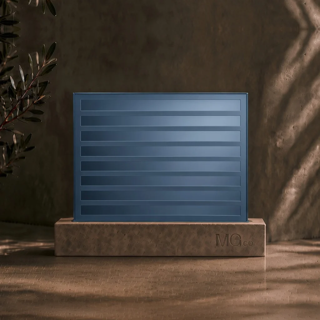 Blue mirror with back-frosted design sample