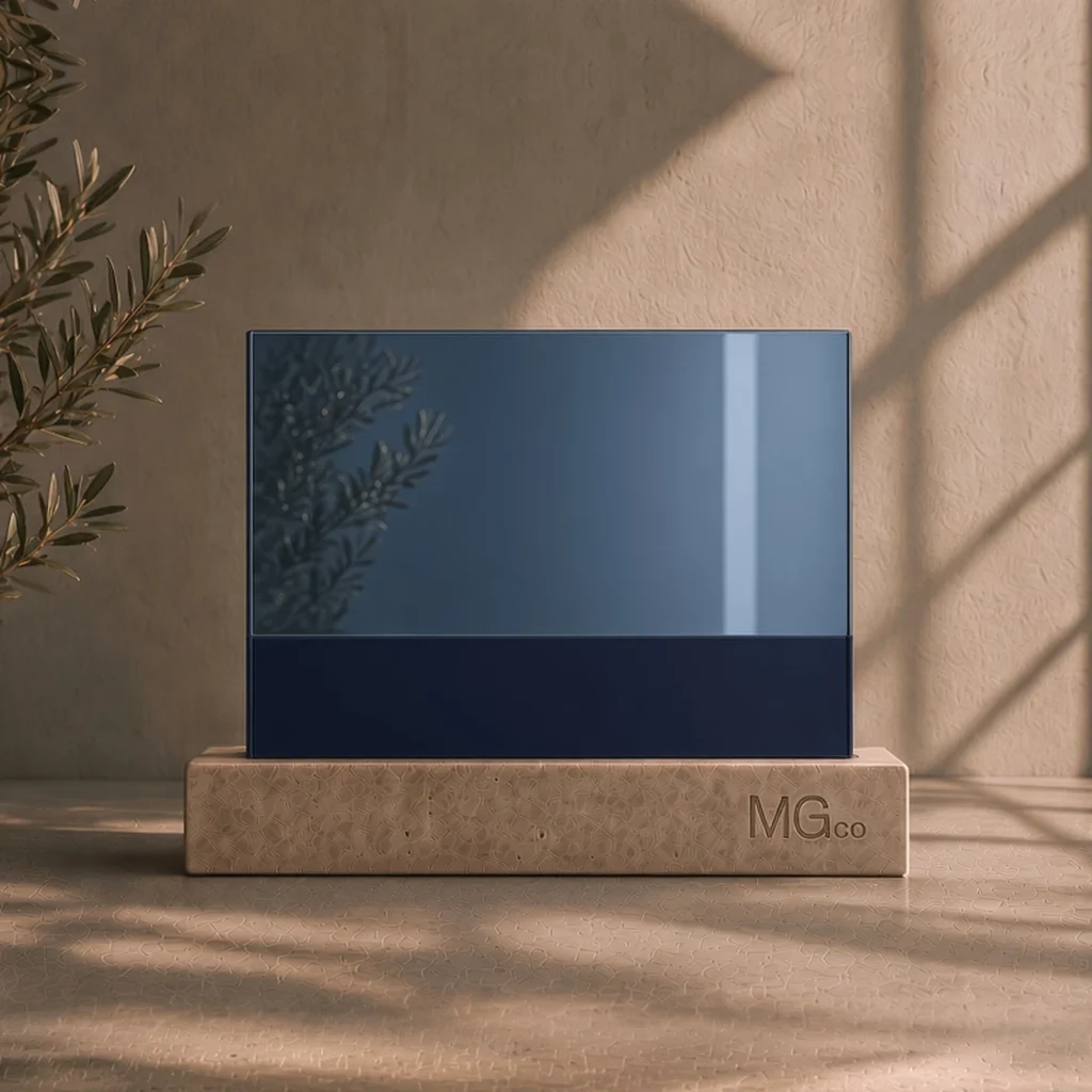 Blue mirror with back-painted colour sample