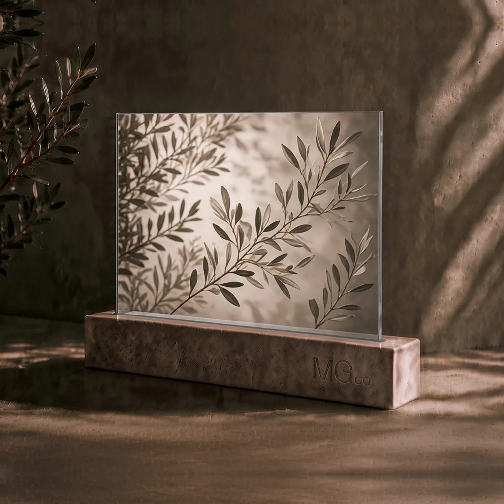 Blue tinted mirror with bespoke digital print sample, illustrative design