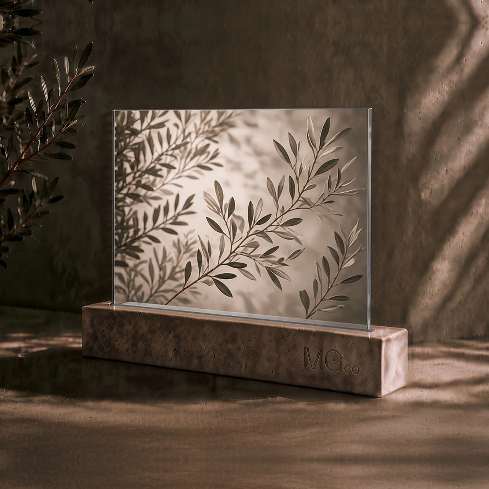 Blue tinted mirror with bespoke digital print sample, illustrative design