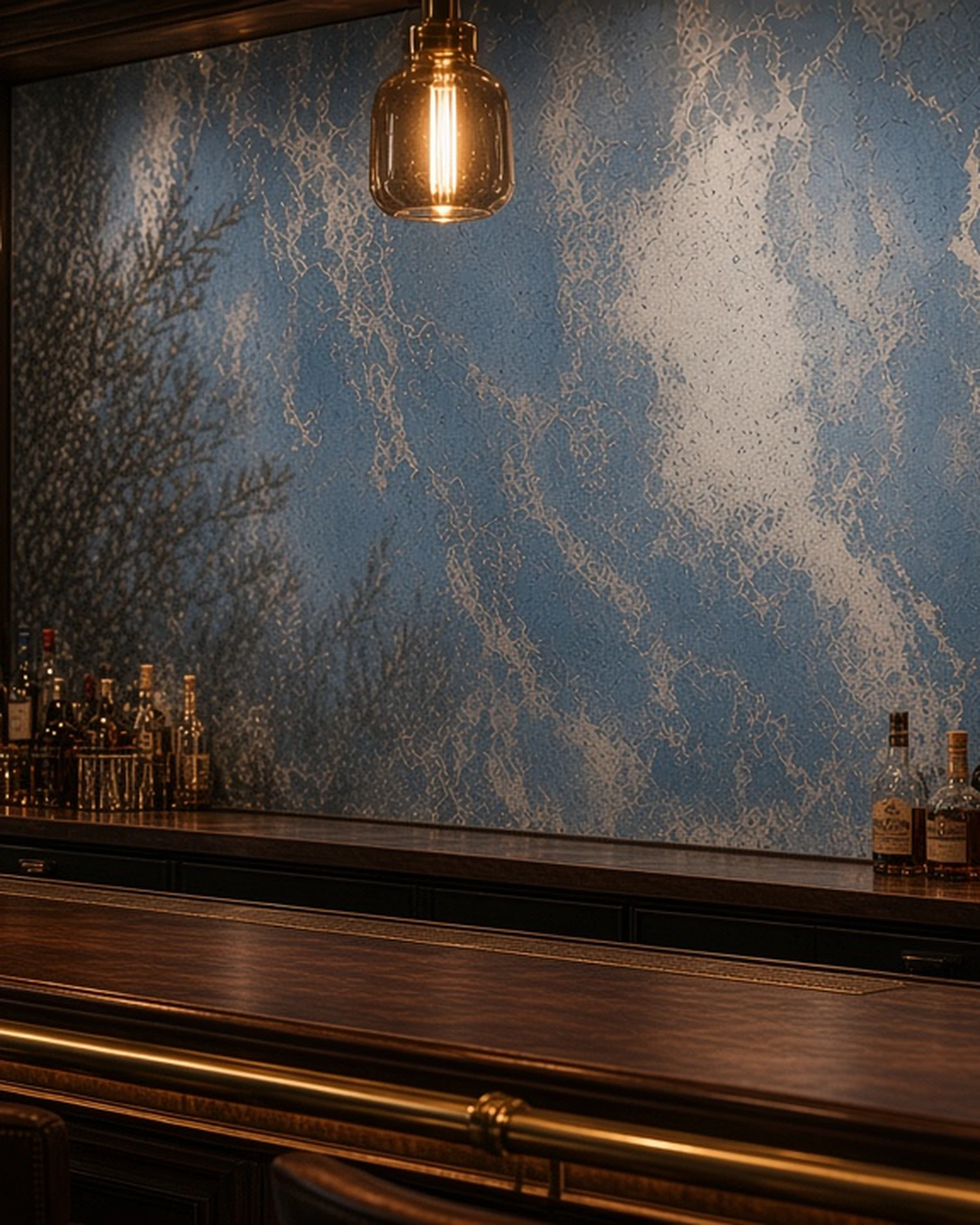 Blue and silver marble antique mirror back-bar wall in a cocktail bar, illustrative render