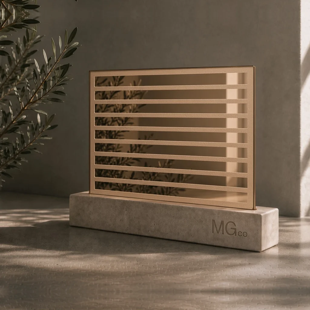 Bronze mirror with back-frosted design sample