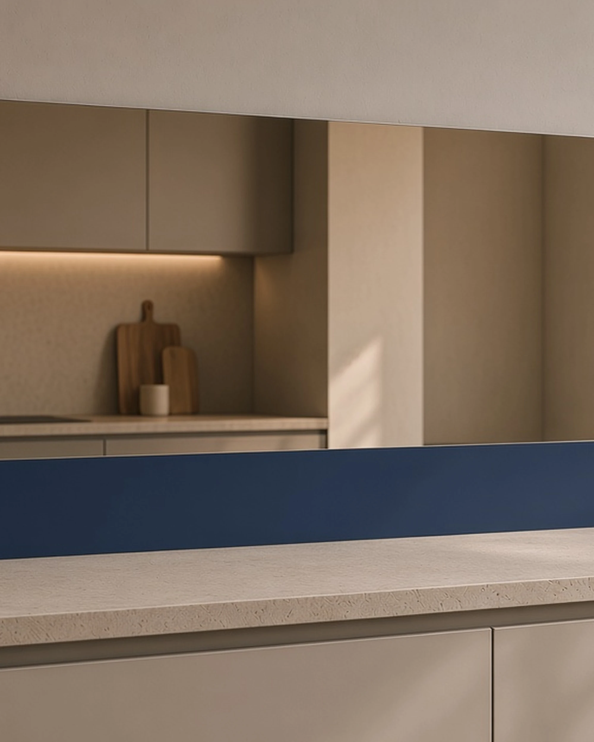 Bronze mirror splashback with back-painted colour band, illustrative render