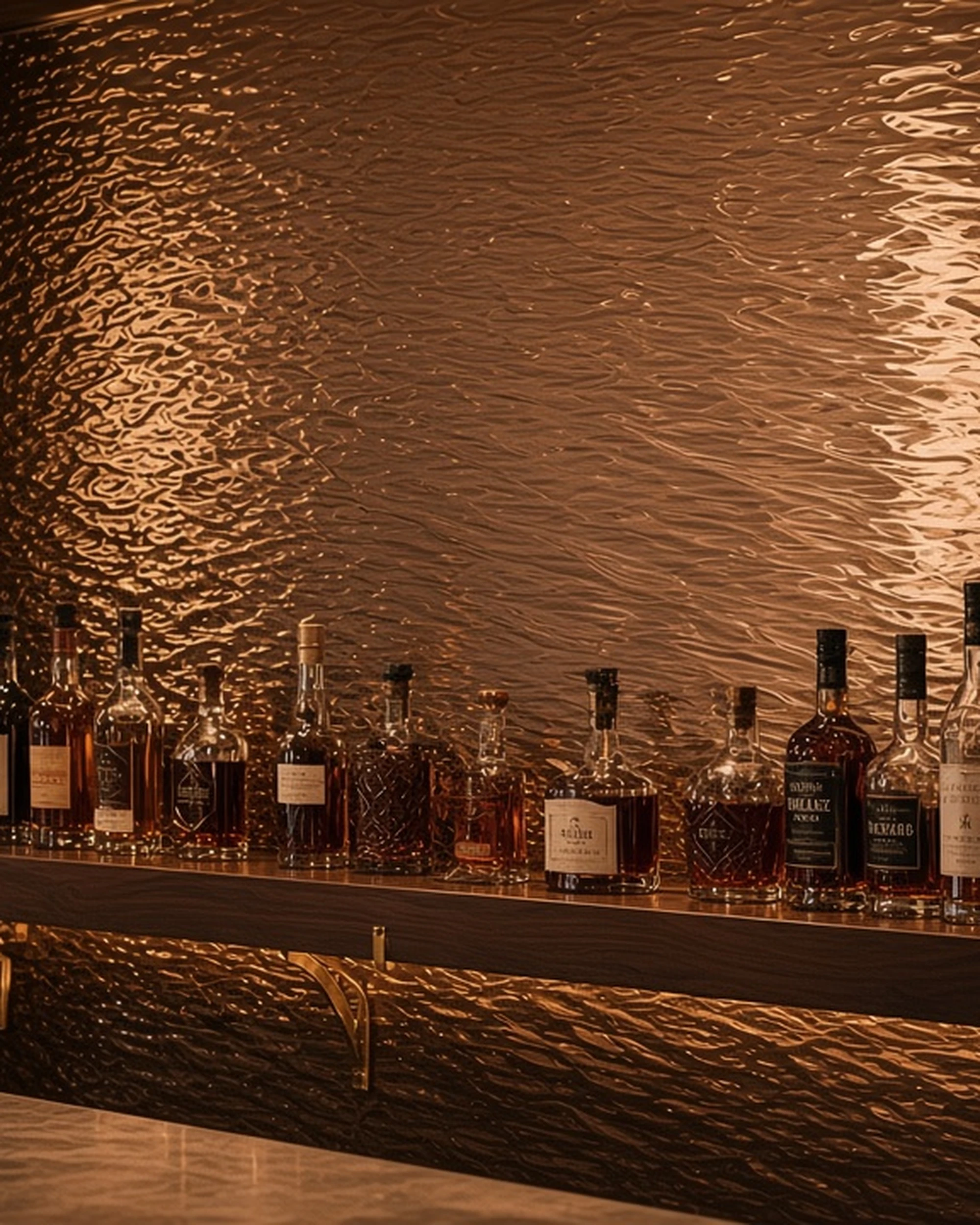Bronze Contora textured mirror back wall in a hotel bar, illustrative render