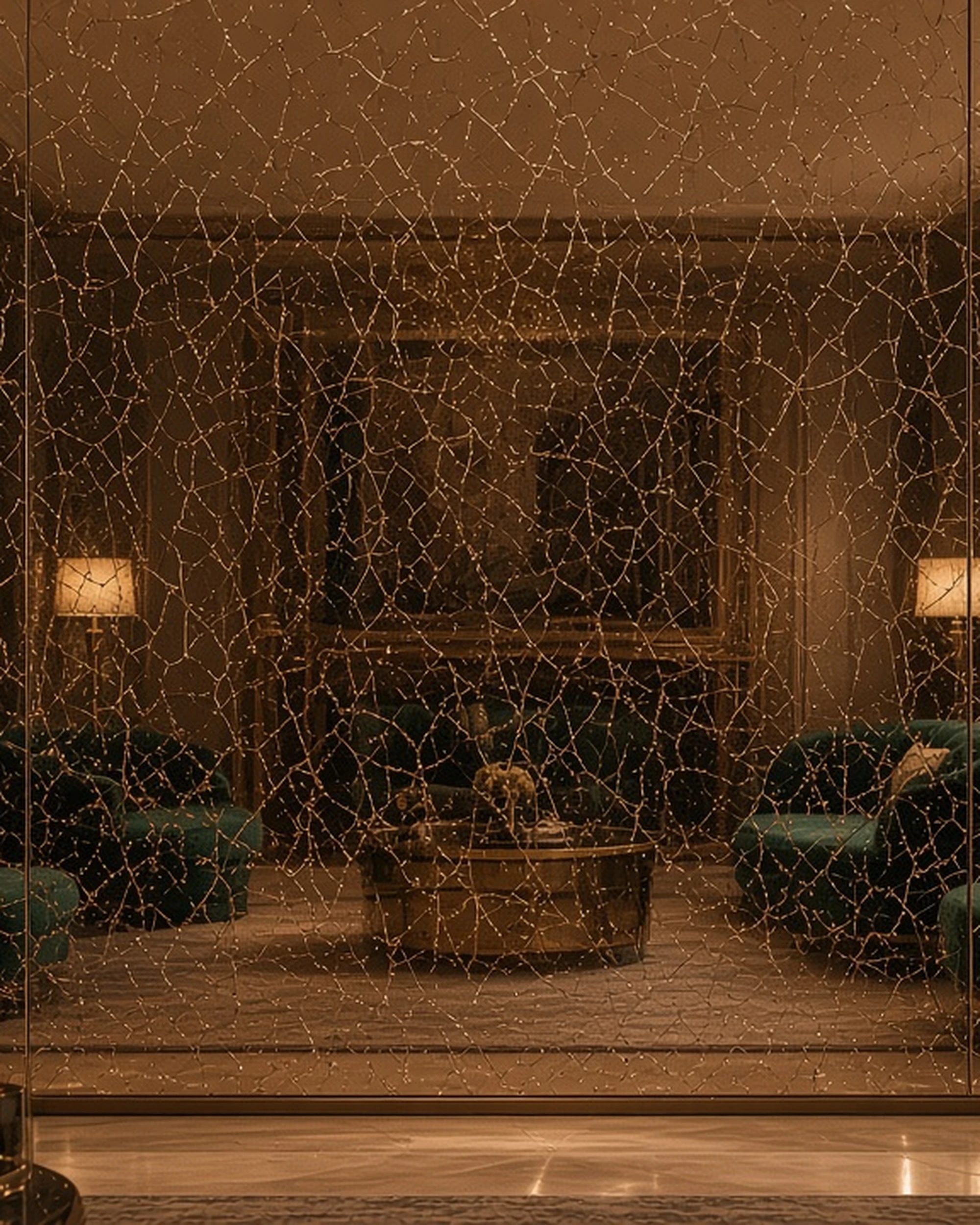 Bronze crackle mirror wall in a lounge, illustrative render