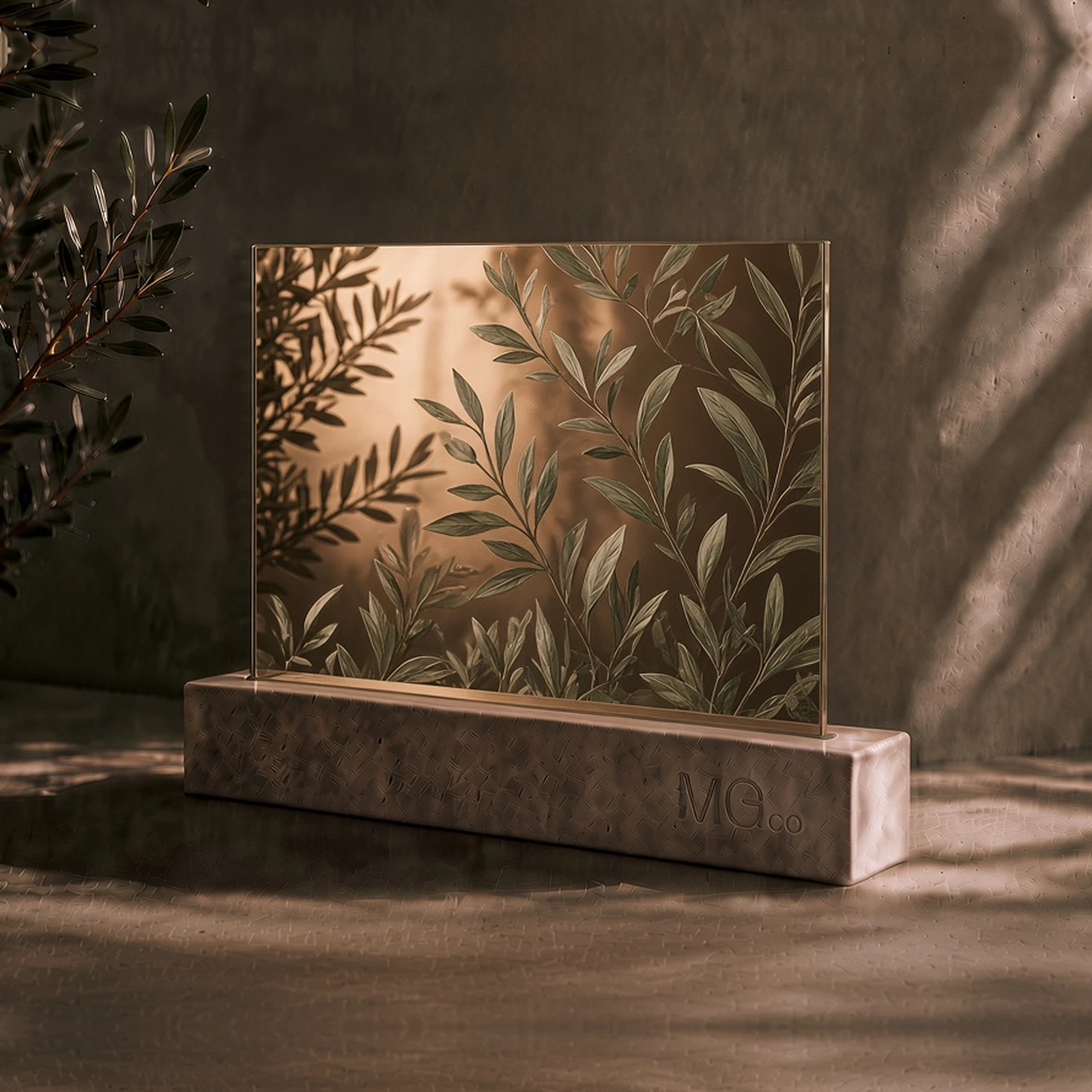 Bronze tinted mirror with bespoke digital print sample, illustrative design