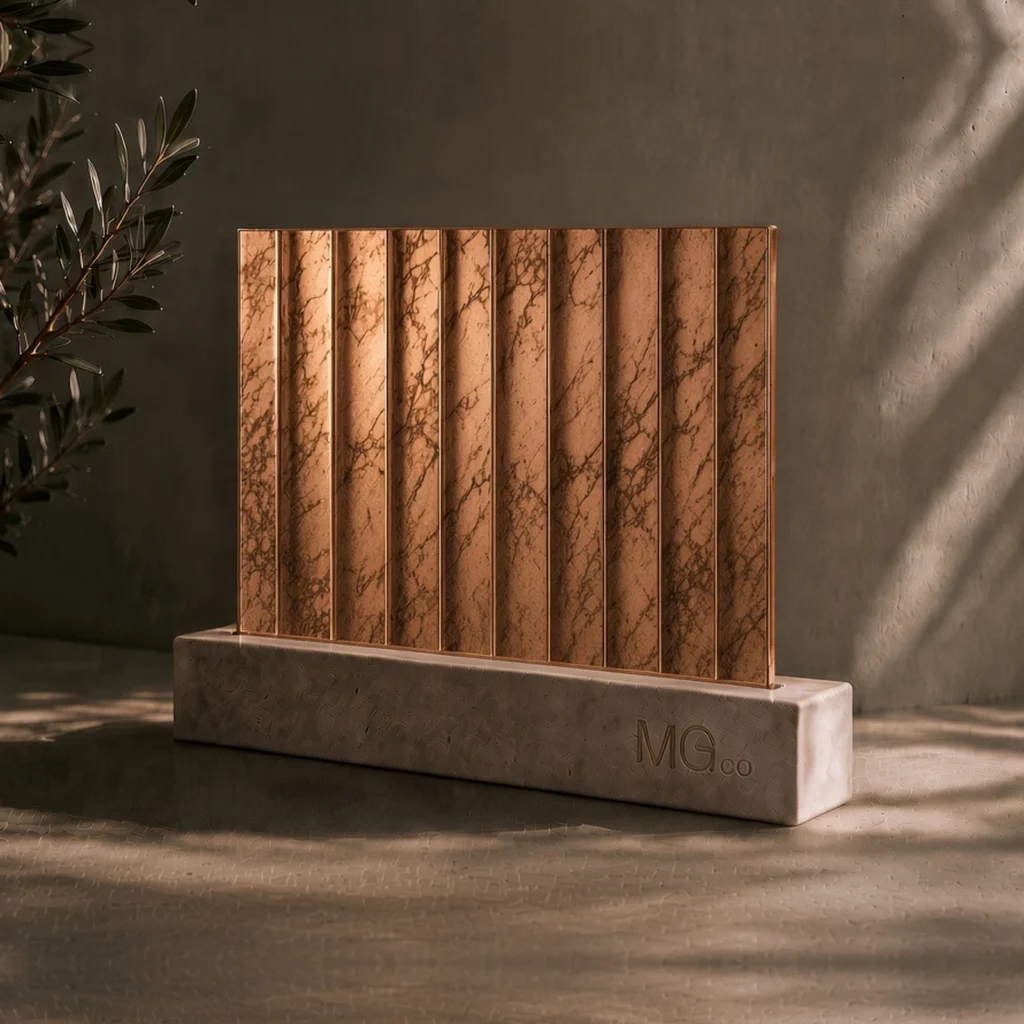 Copper 12mm reeded marble antique mirror sample