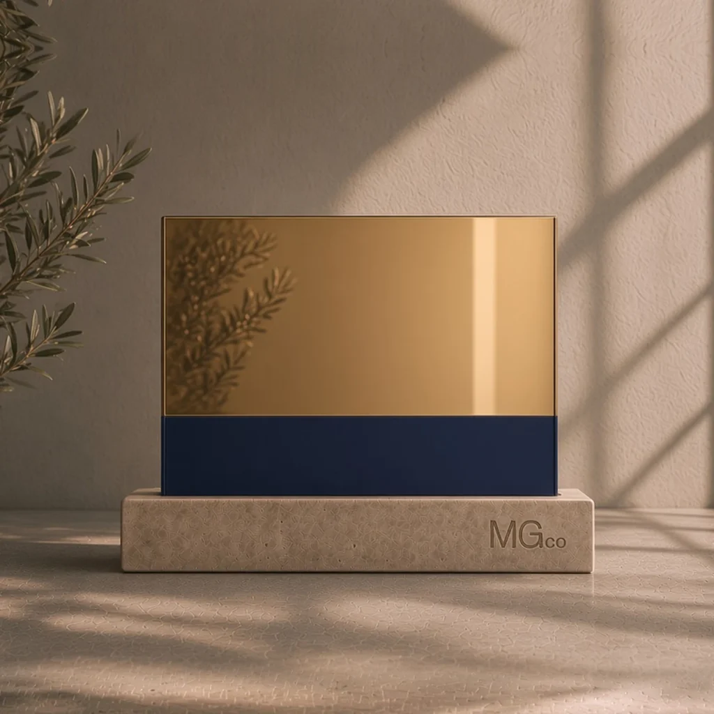 Gold mirror with back-painted colour sample