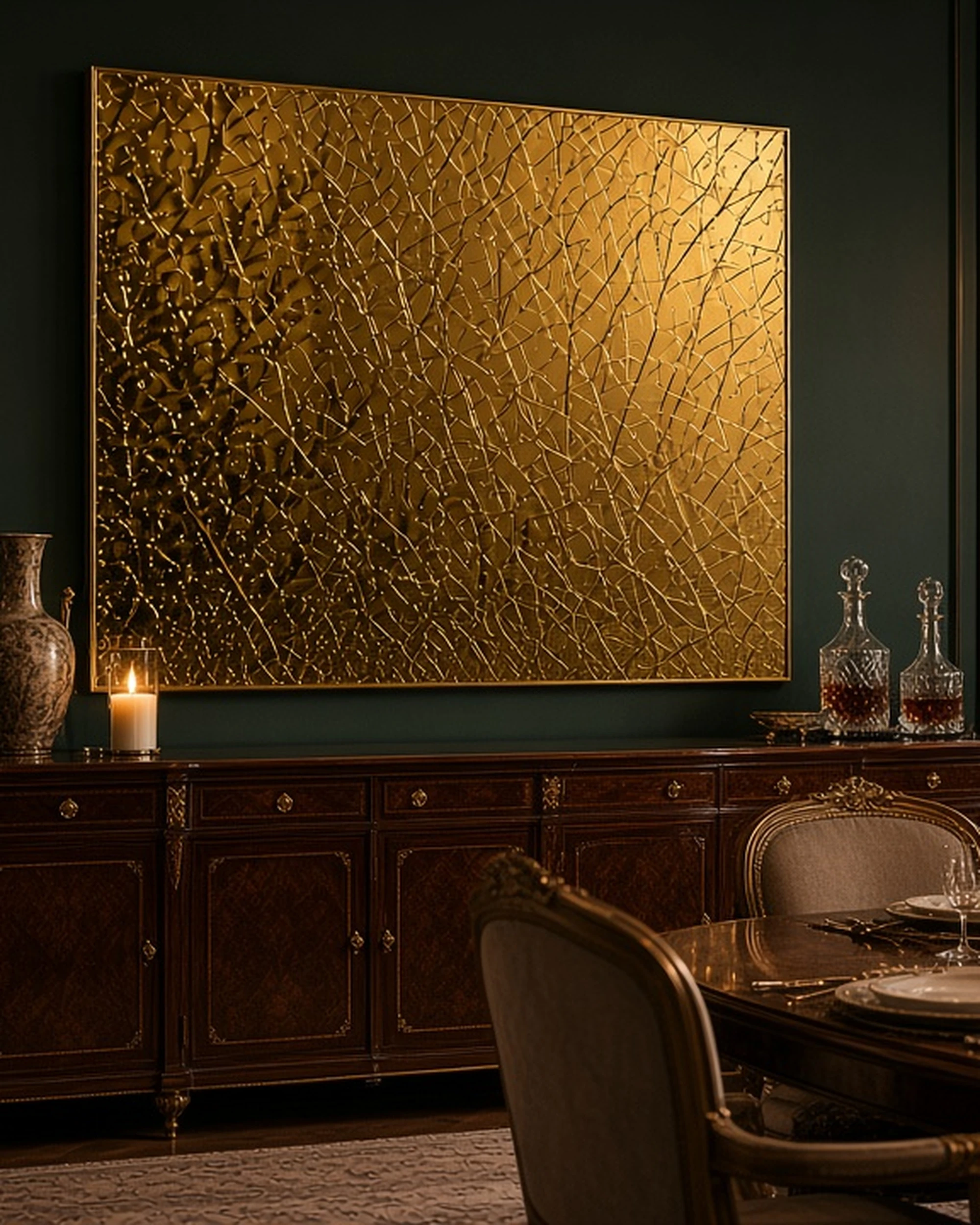 Gold crackle mirror above a sideboard in a dining room, illustrative render