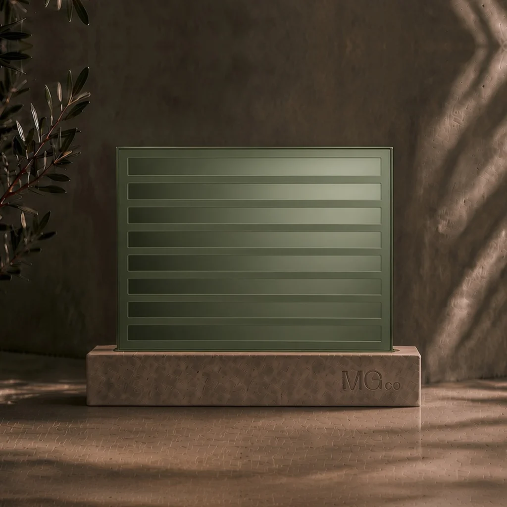 Green mirror with back-frosted design sample