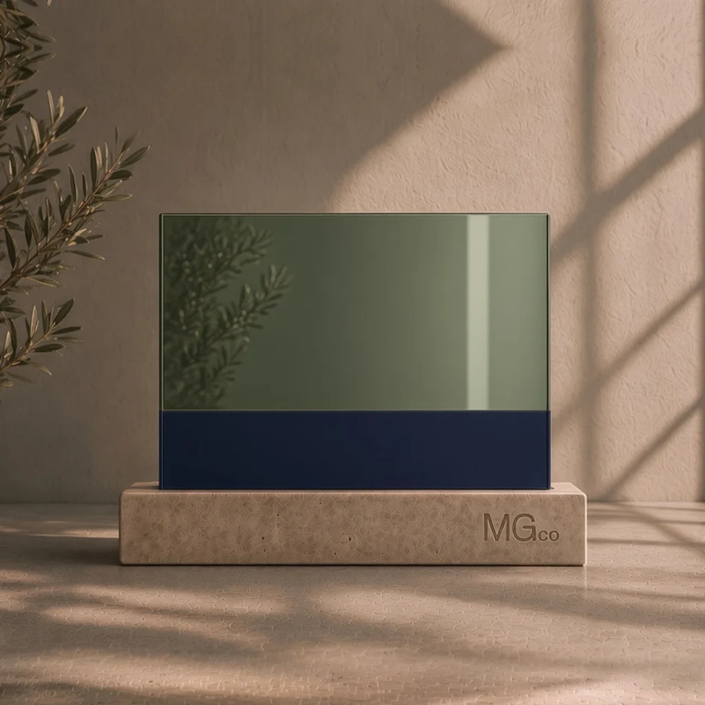 Green mirror with back-painted colour sample