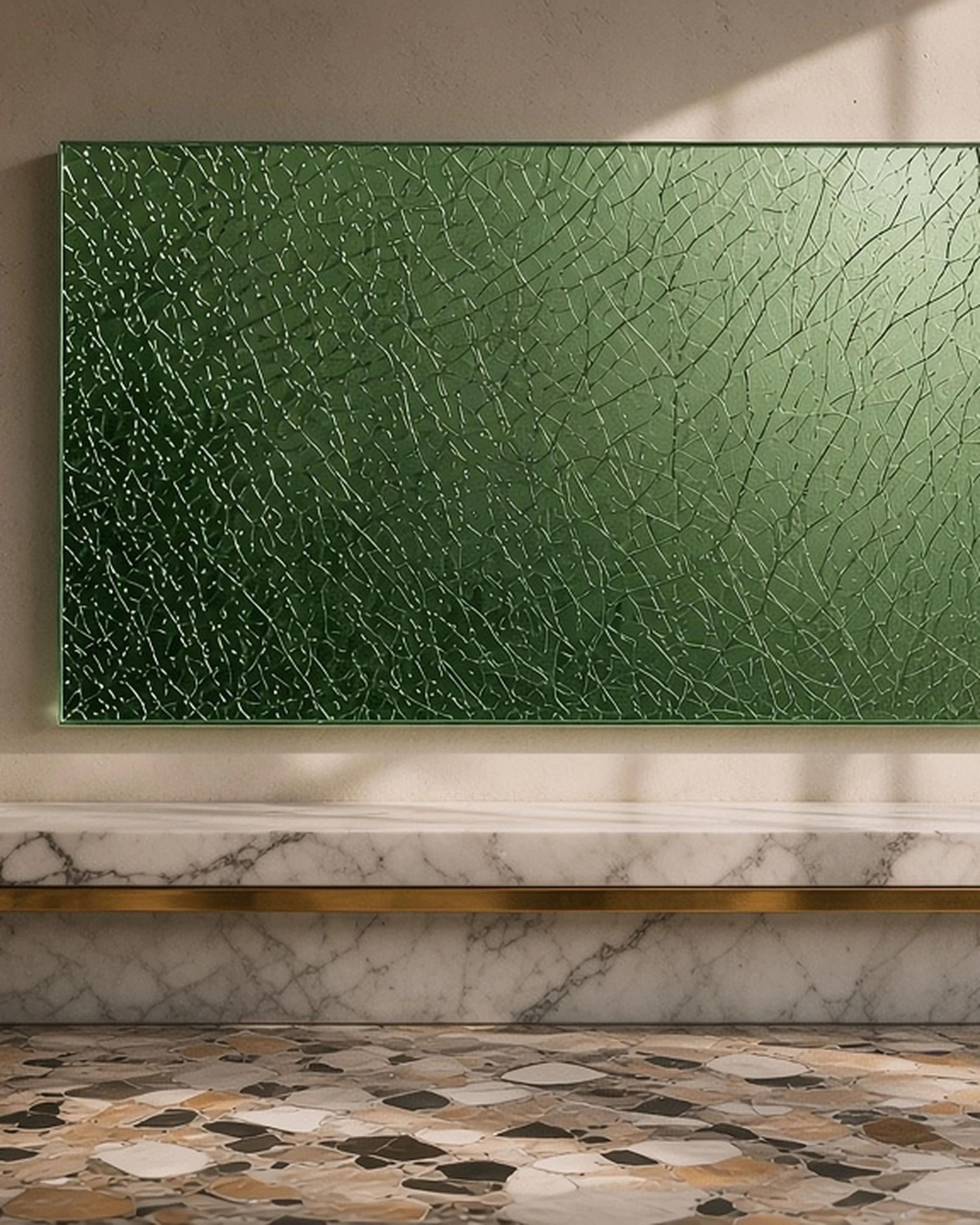Green crackle mirror in a cafe, illustrative render