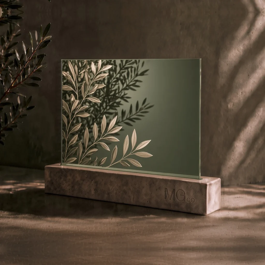 Green tinted mirror with bespoke digital print sample, illustrative design