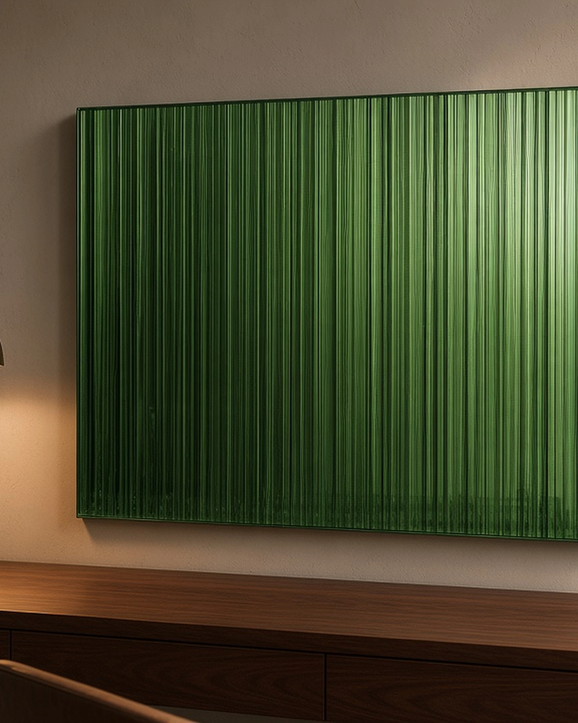 Green 5mm reeded mirror above a desk in a study, illustrative render