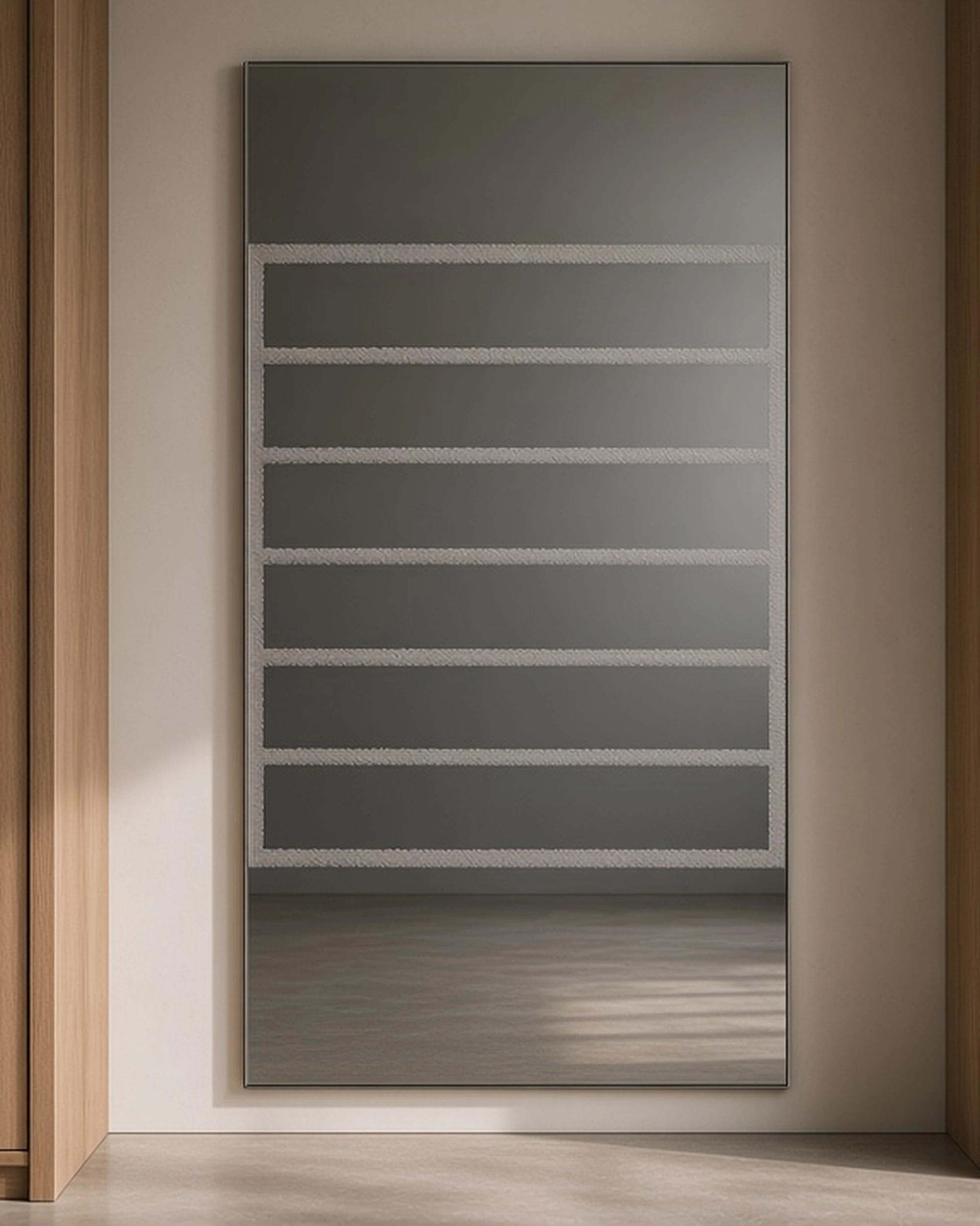 Grey mirror with back-frosted design in a dressing room, illustrative render