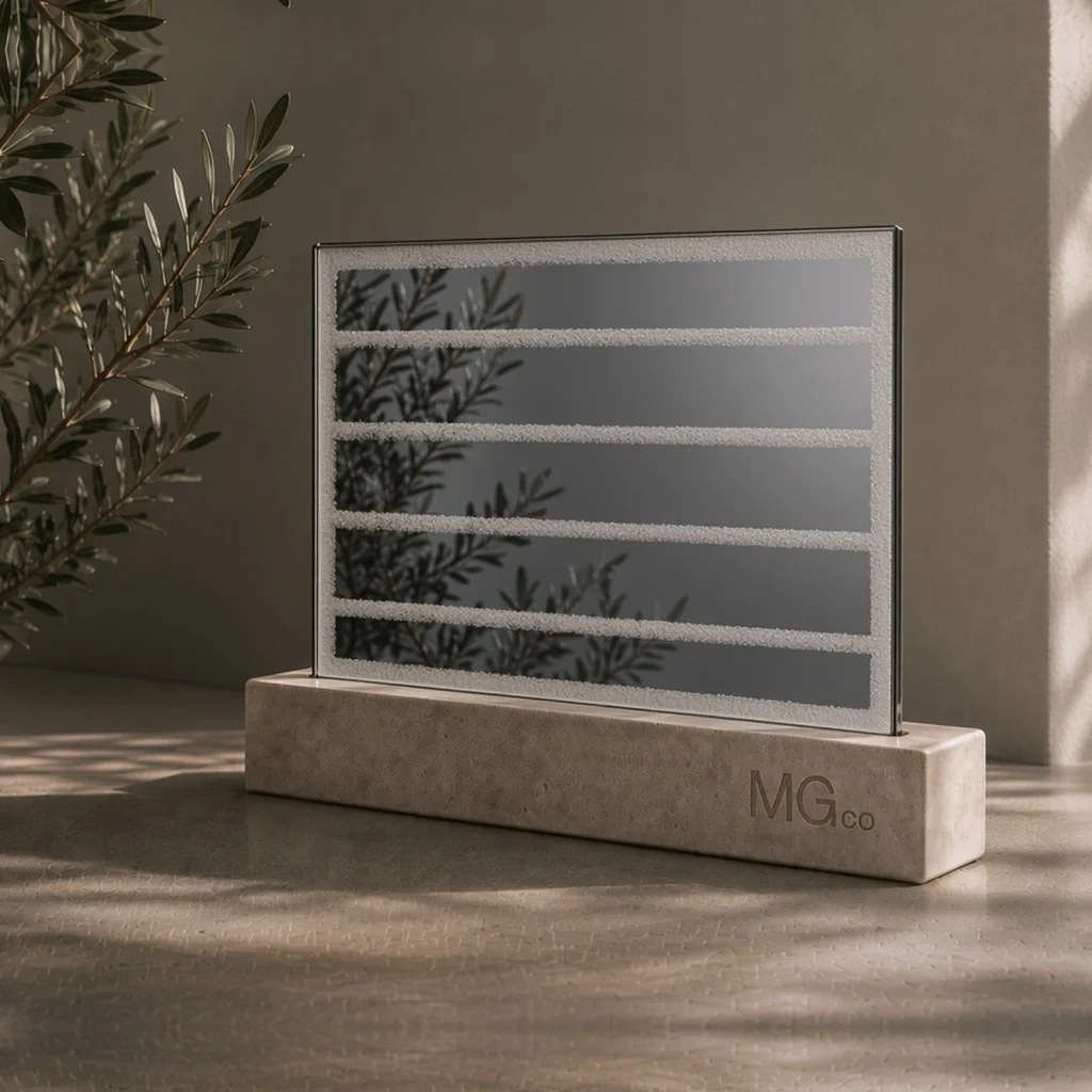Grey mirror with back-frosted design sample