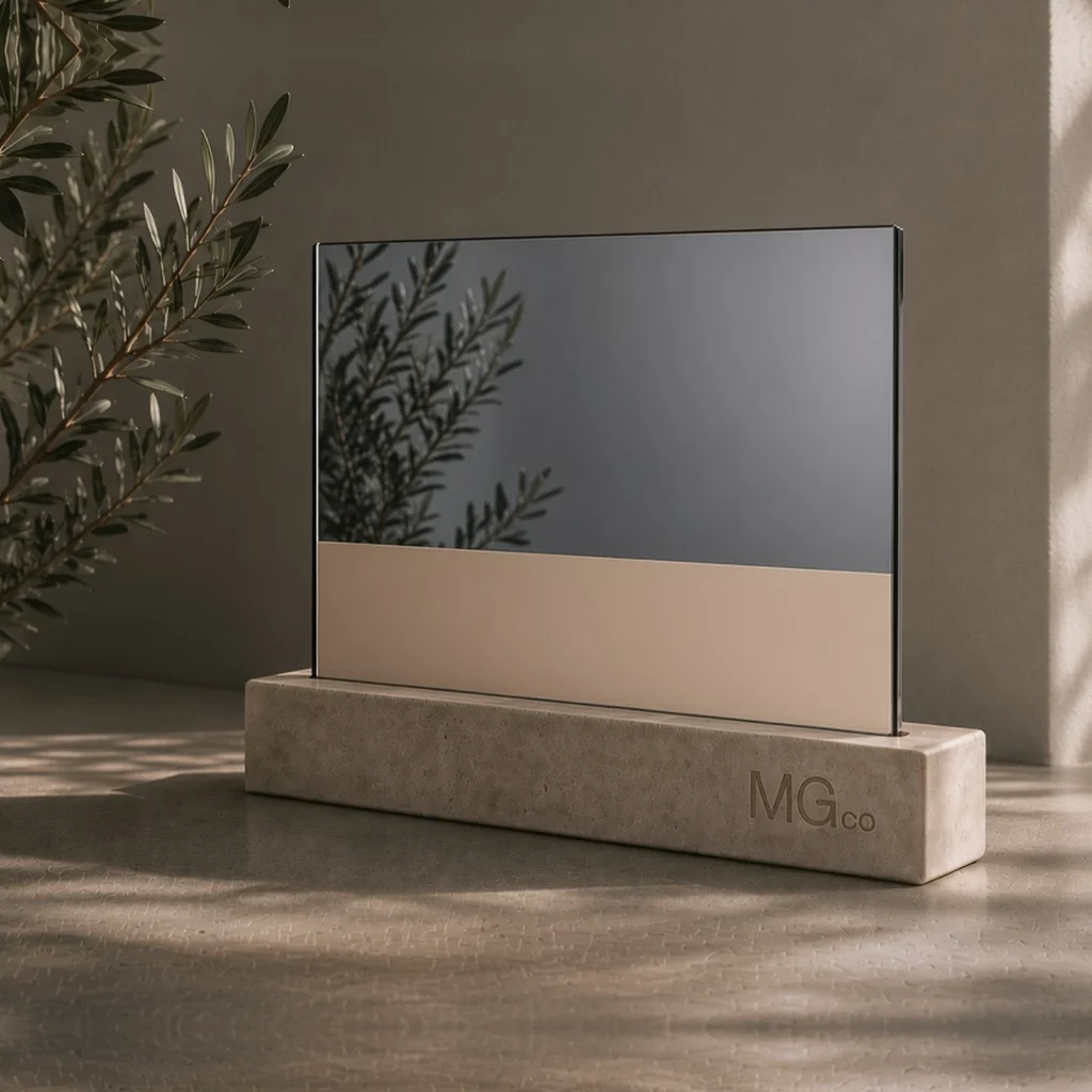 Grey mirror with back-painted colour band sample