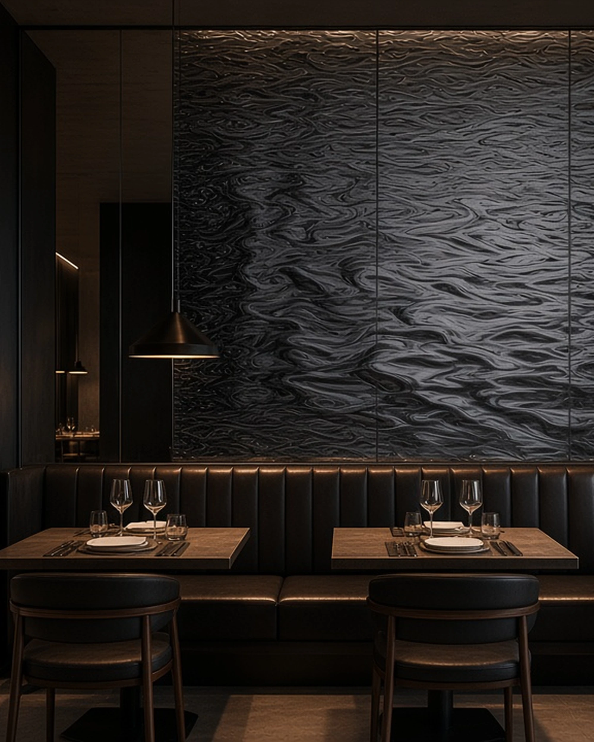 Grey Contora textured mirror wall in a restaurant, illustrative render