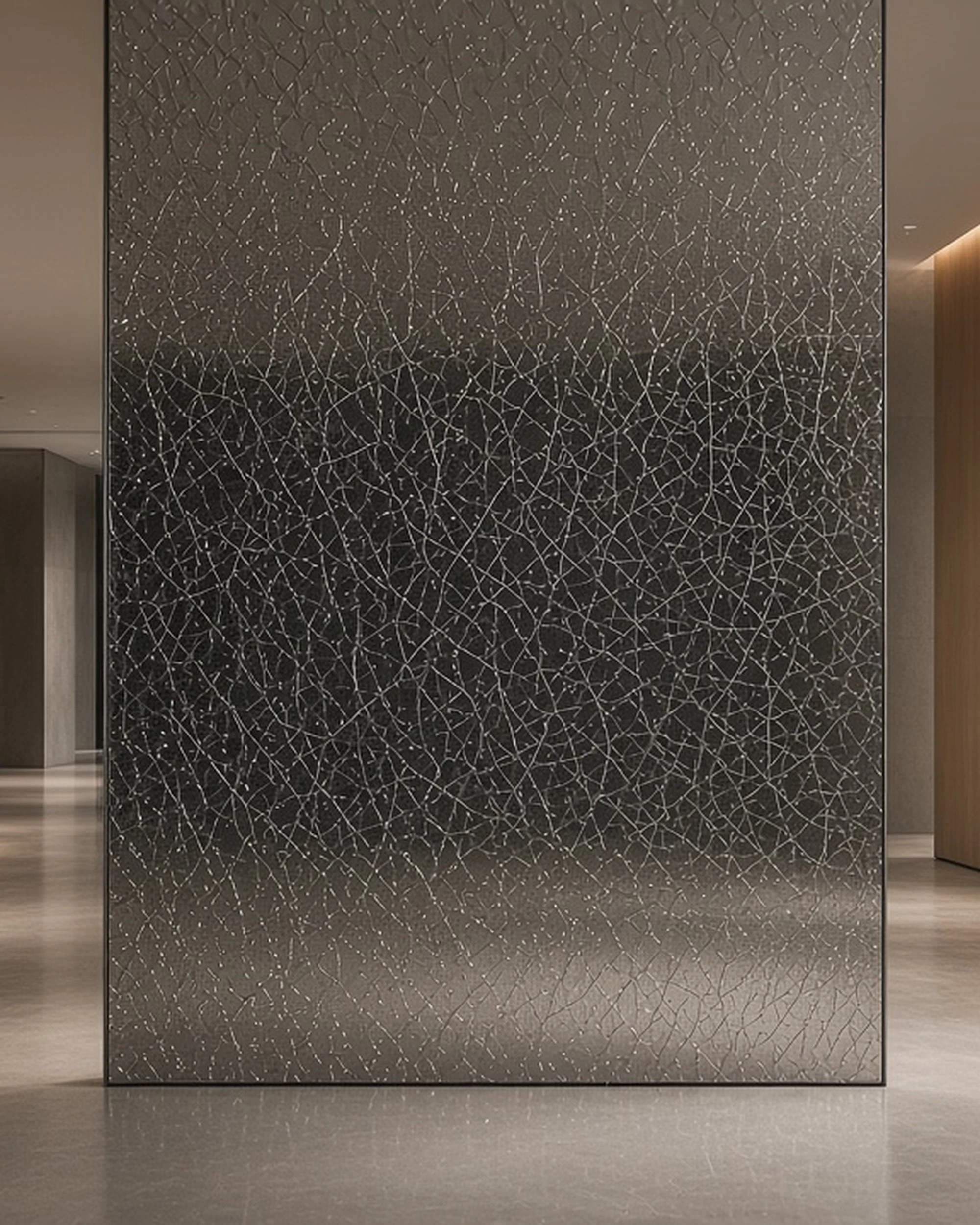 Grey crackle mirror panel in a lift lobby, illustrative render