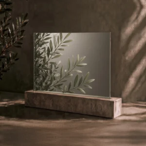 Grey tinted mirror with bespoke digital print sample, illustrative design