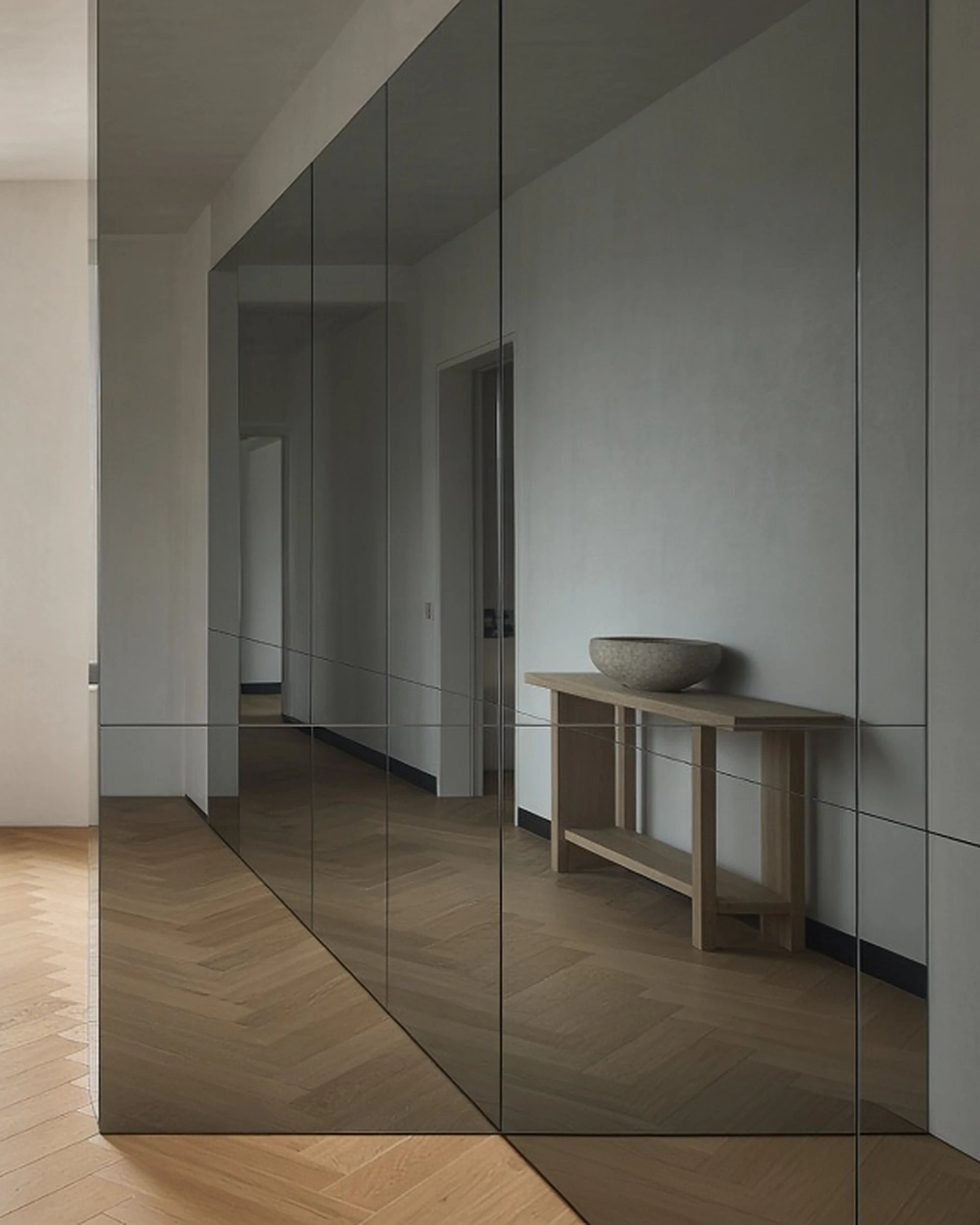 Grey tint mirror in a hallway, illustrative render