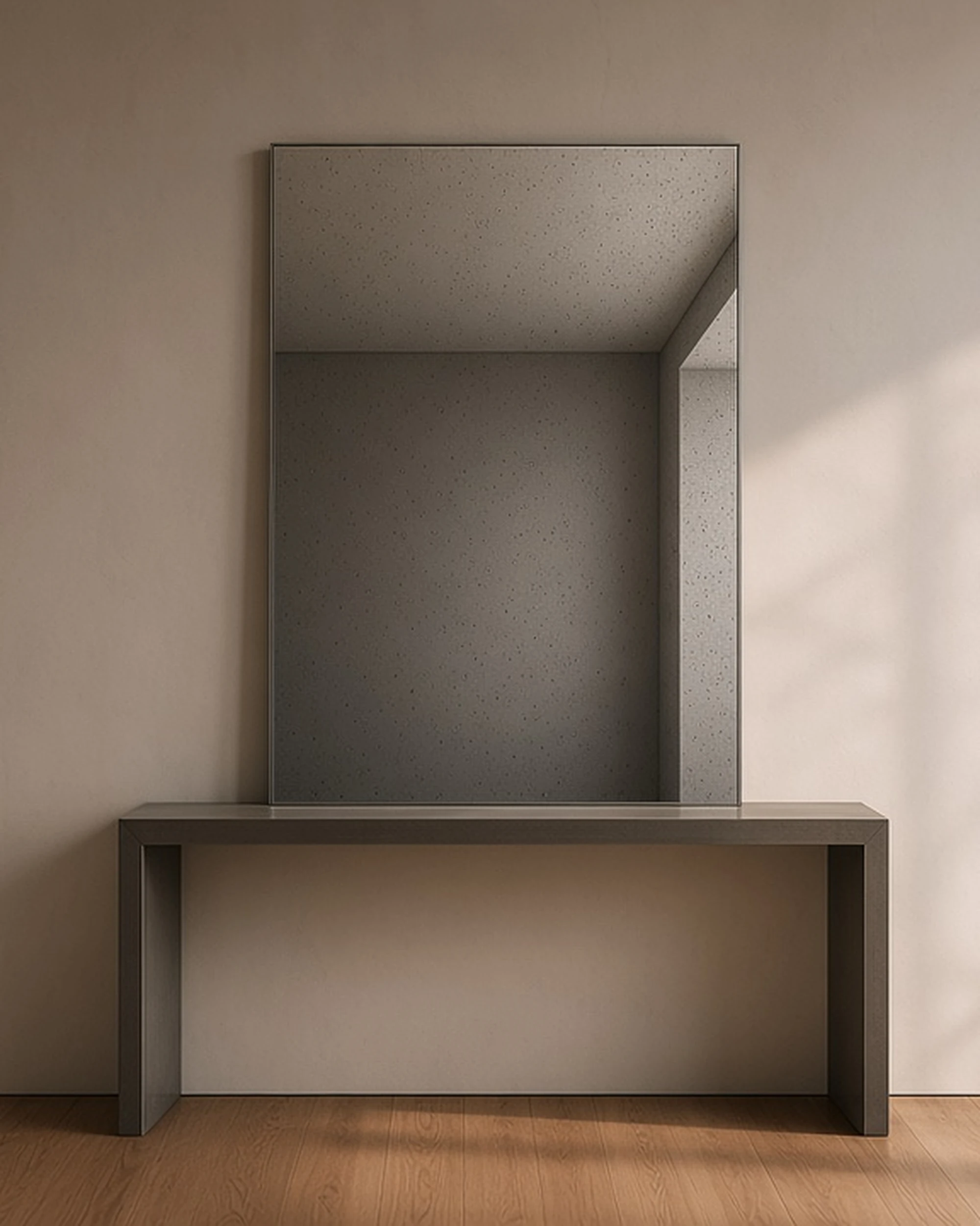 Grey speckle antique mirror in a hallway, illustrative render