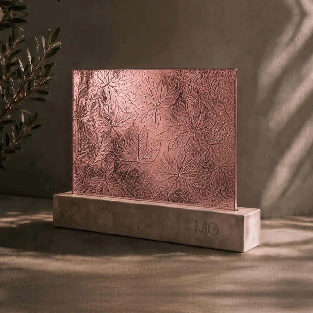 Pink-copper Autumn Leaf textured mirror sample