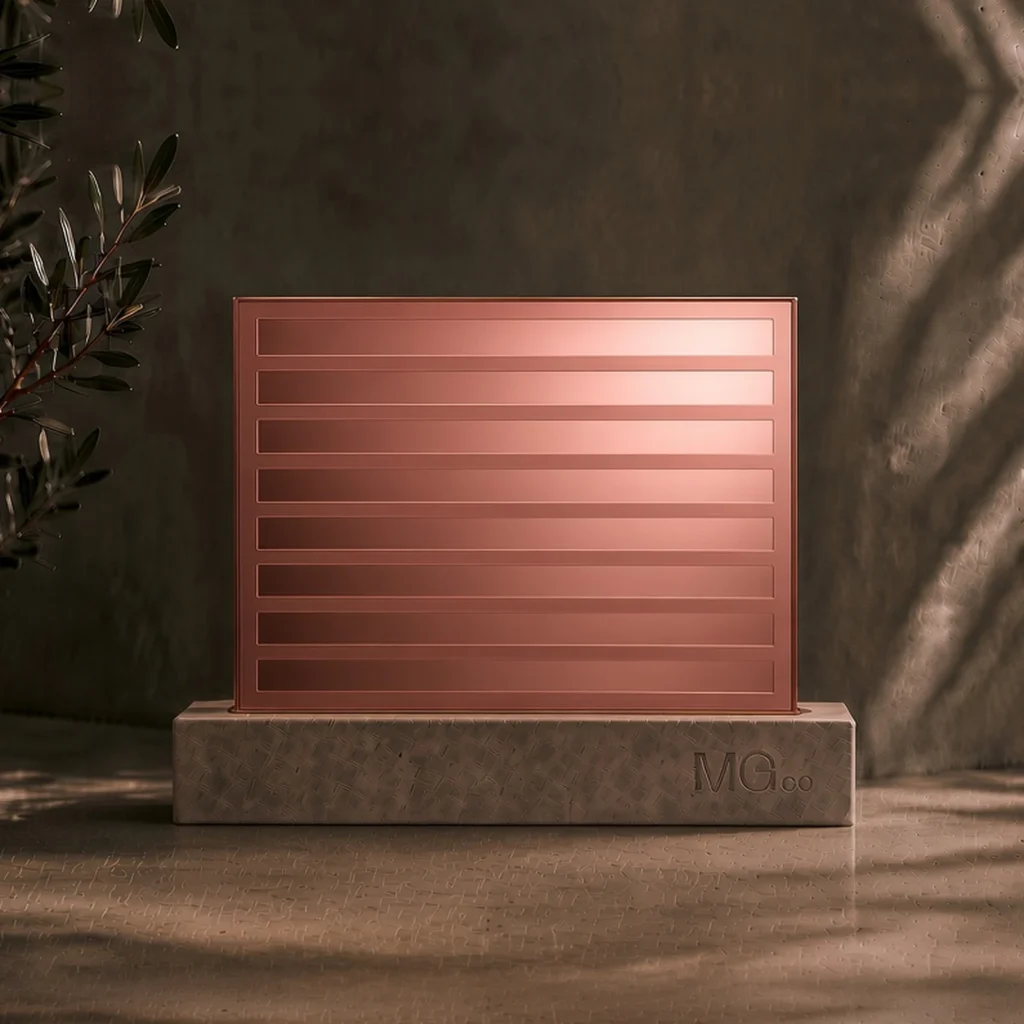 Pink-copper mirror with back-frosted design sample