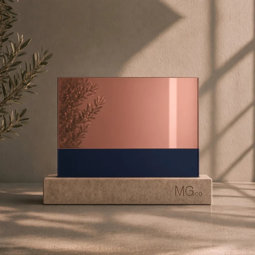 Pink-copper mirror with back-painted colour sample
