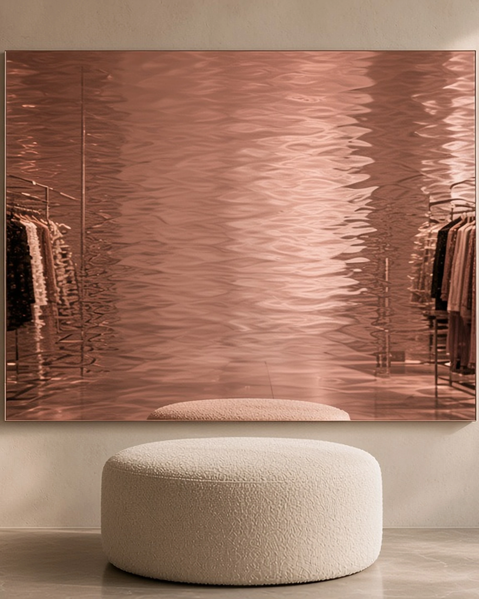 Pink-copper Contora textured mirror in a boutique, illustrative render