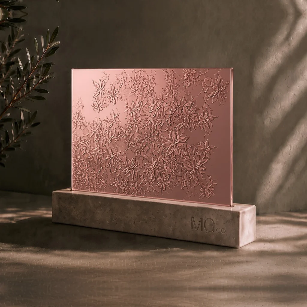 Pink-copper Mayflower textured mirror sample