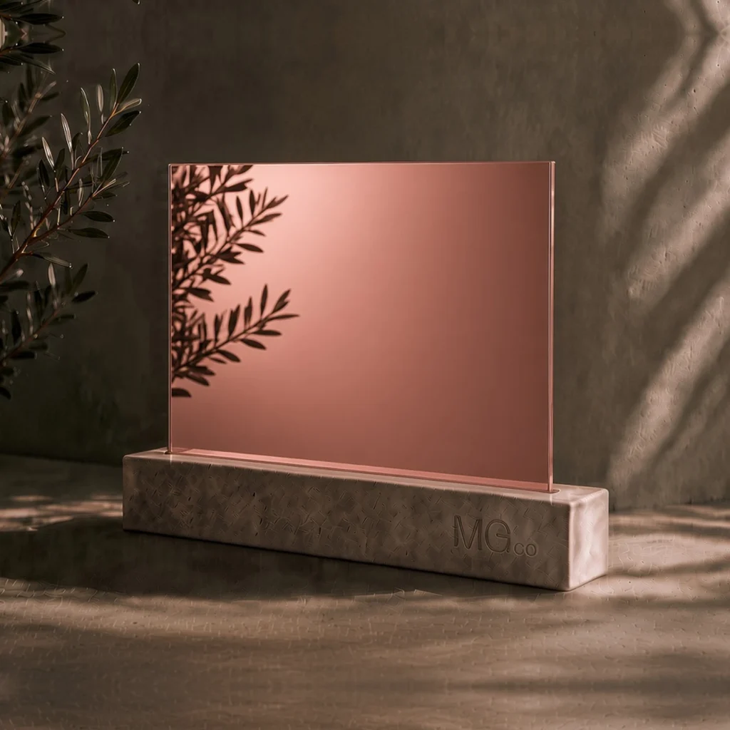 Pink-copper tinted mirror sample