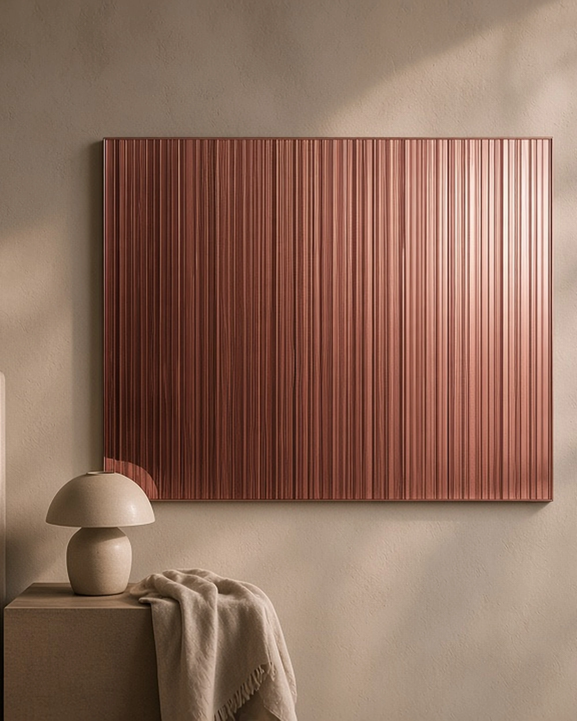 Pink-copper 5mm reeded mirror in a bedroom, illustrative render
