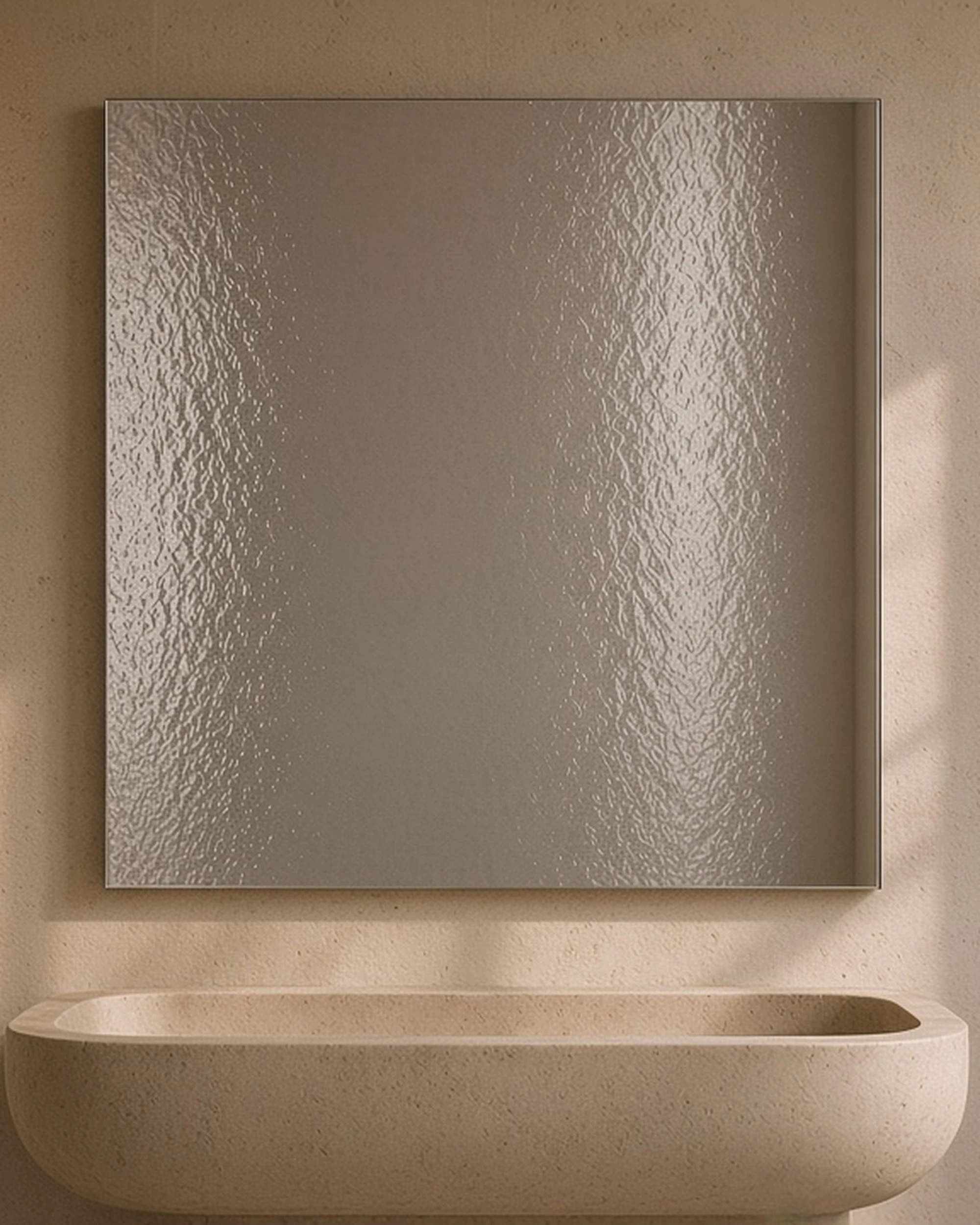 Silver Arctic textured mirror above a stone basin, illustrative render