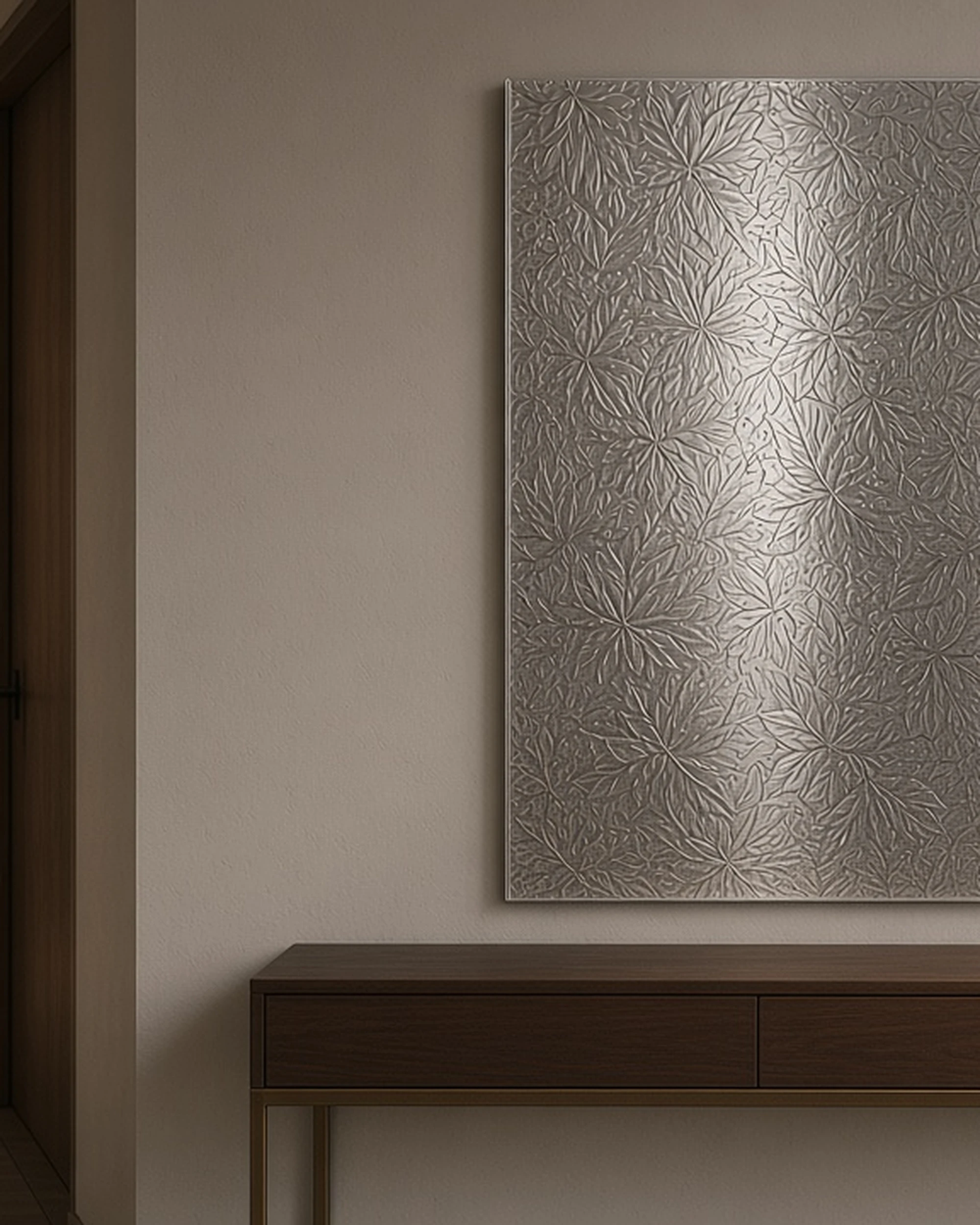 Silver Autumn Leaf textured mirror above a hallway console, illustrative render