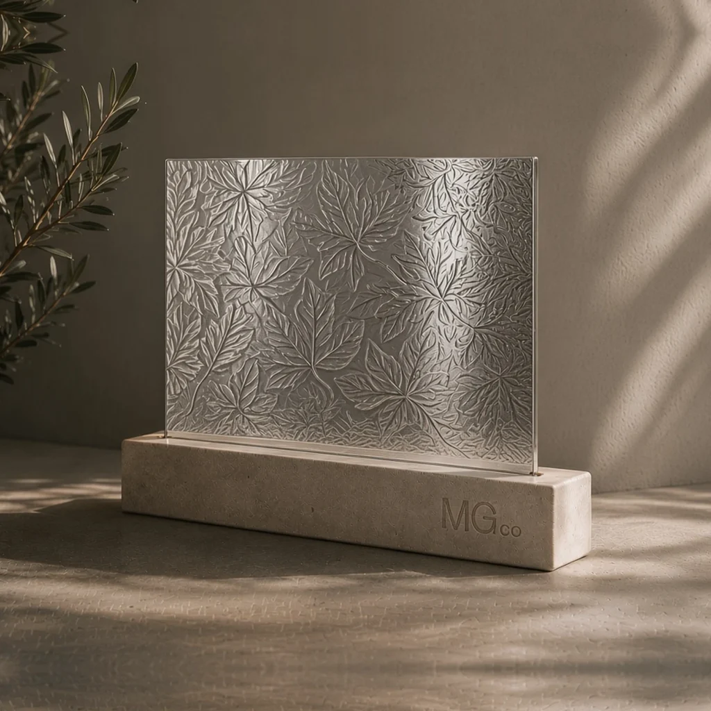 Silver Autumn Leaf textured mirror sample